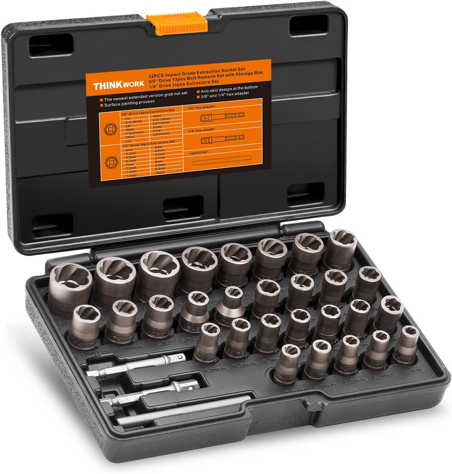 THINKWORK Upgrade Bolt Extractor Set, 32 Pieces Impact Bolt & Nut Remover Set, Stripped Lug Nut Remover, Extraction Socket Set for Removing Damaged, Frozen, Rusted, Rounded-Off Bolts, Nuts & Screws