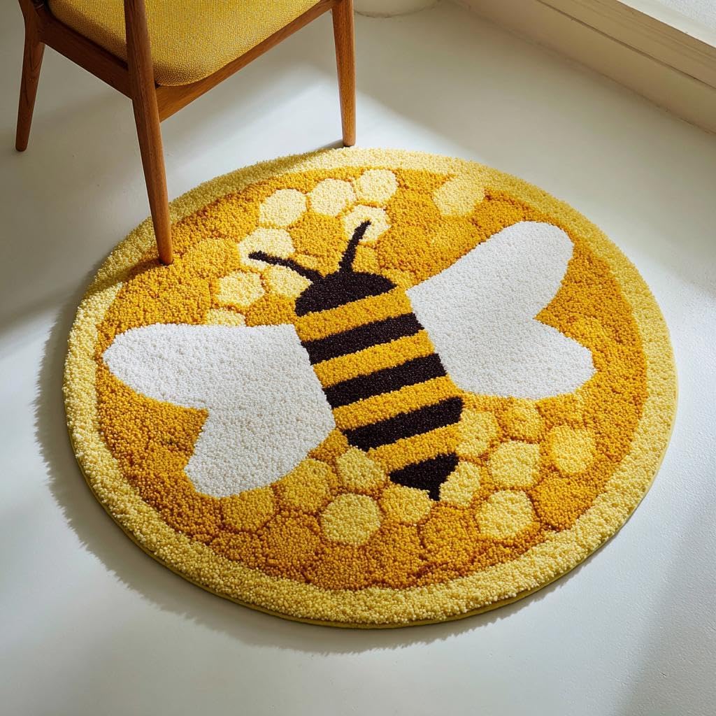 DIY Latch Hook Rug Kit A Yellow Bee and Honey Comb 50x50cm | Hook and Latch Yarn Crochet Round Shape Mat with Pattern Easy for Beginners Adults Carpet Tapestry Hooking for Home Decor