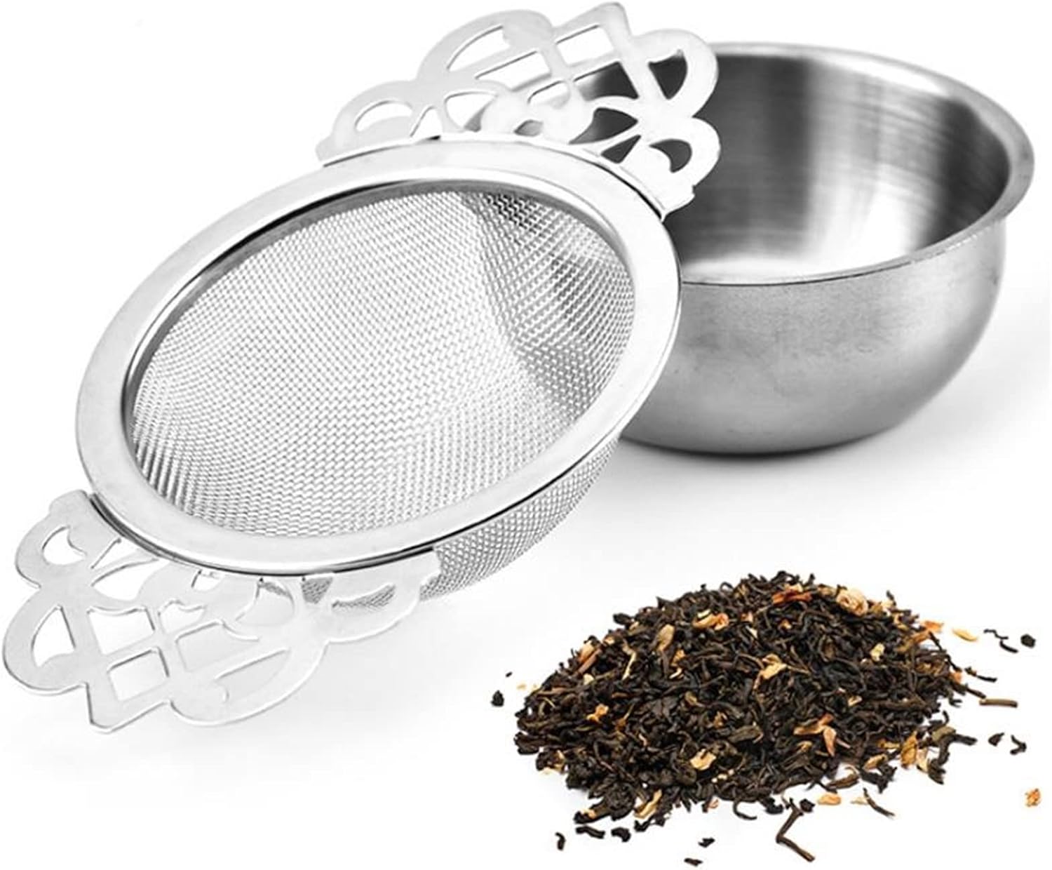 Tea Filters Tea Infusers Double Ear Handles Spice Filter Loose Leaf with Drip Bowl Tea Strainer Durable Reliable Stainless Steel Teaware (Color : Gold)