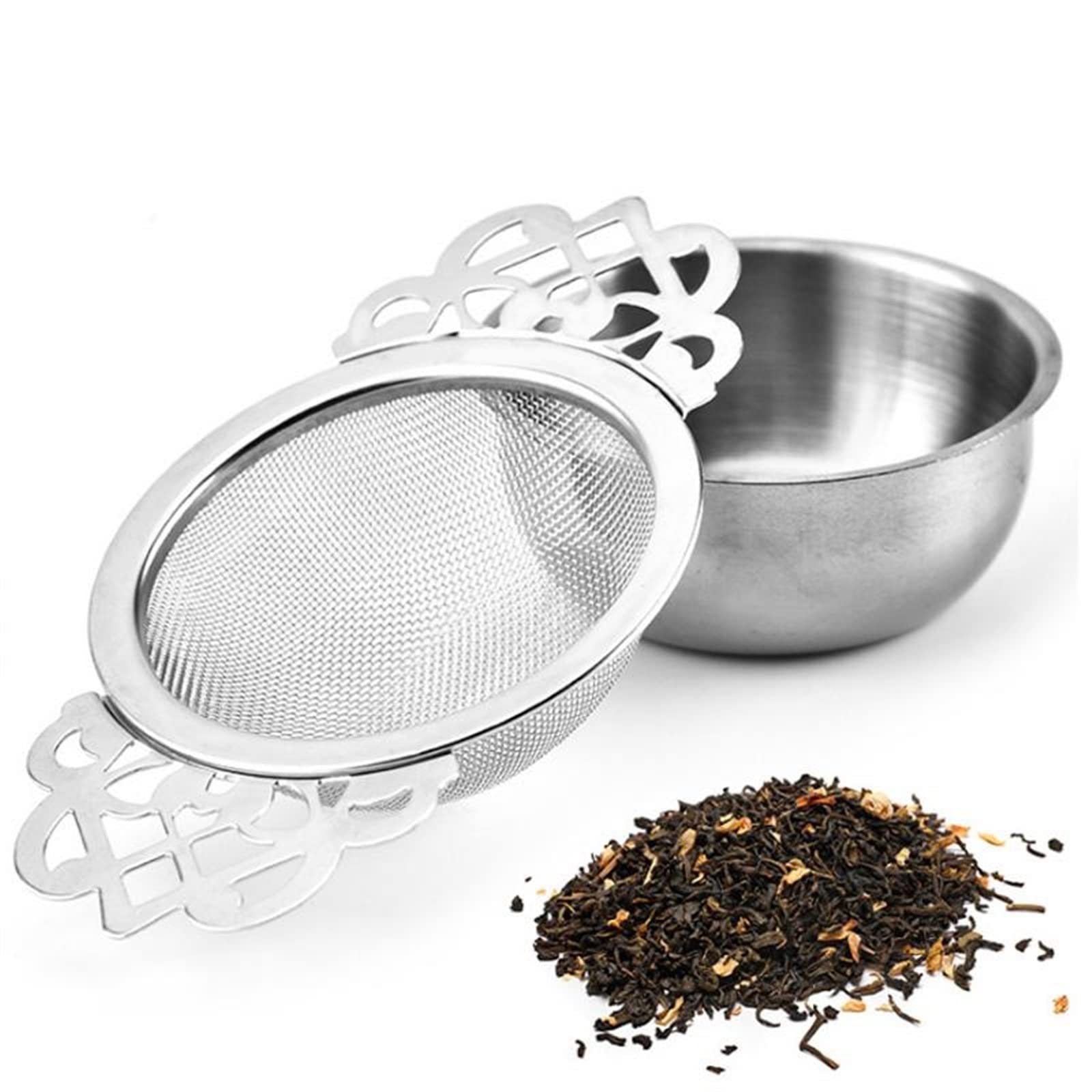 Colador de té, infusores de té con asas dobles para las orejas, filtro de especias, hojas sueltas con cuenco de goteo, colador de té, duradero, fiable, de acero inoxidable (plata)