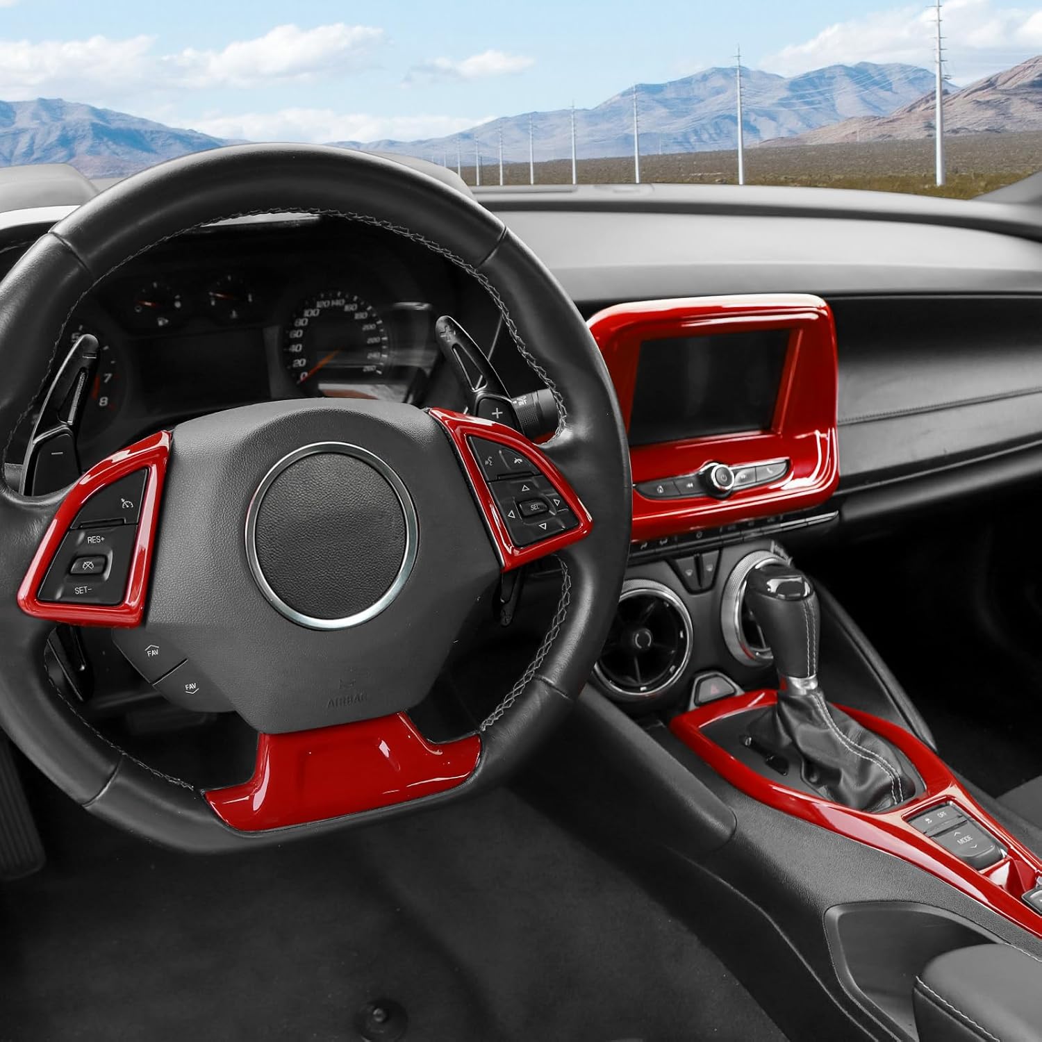 Jimen Fit for Chevrolet Camaro 2017-2024, 6PCS Red Interior Trim Kits - Navigation Screen Cover, Gear Shift Panel Trim