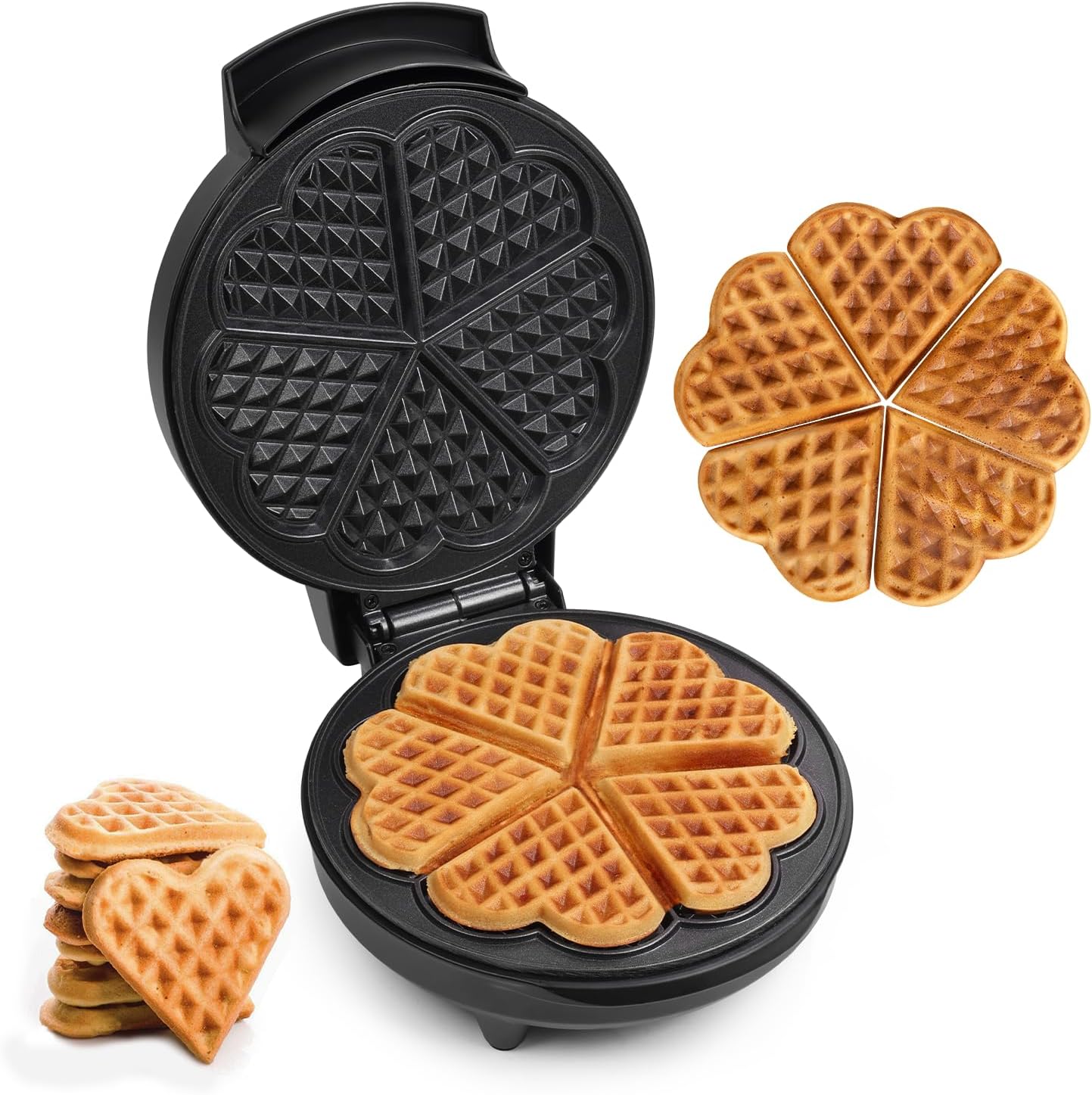 Multi Mini-HEART Waffle Maker Machine- 700 Watts | 5 Heart Waffles at once |Stainless Steel Non-Stick Cooking Plates & Cool Touch Handle | Electric Iron with Indicator Light- Matte Black