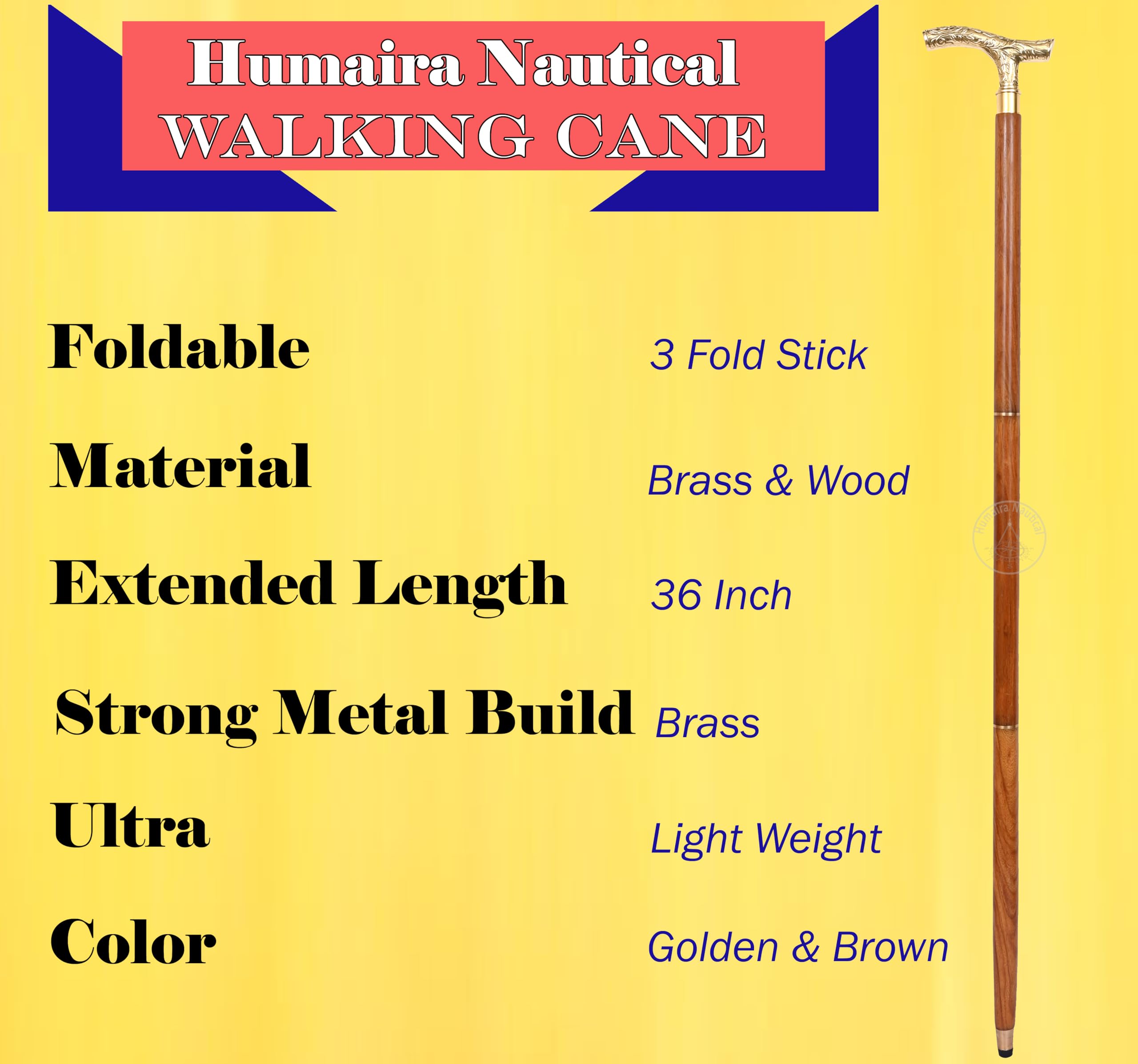 Vintage Brass Walking Stick, Handmade Wooden Cane with Solid Brass Handle - Image 3