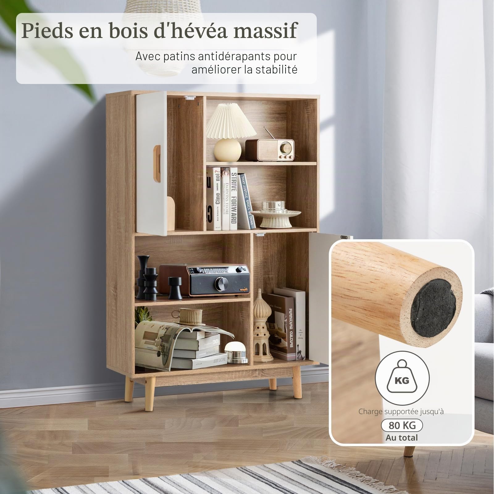KOMFOTTEU Bibliothèque Bois, 2 Portes, 4 Étagères Ouvertes, Blanc + Naturel