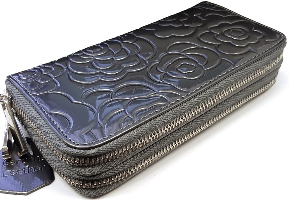 Genuine Leather Flower Embossed 2 Zipper Ladies Wallet (Pewter)