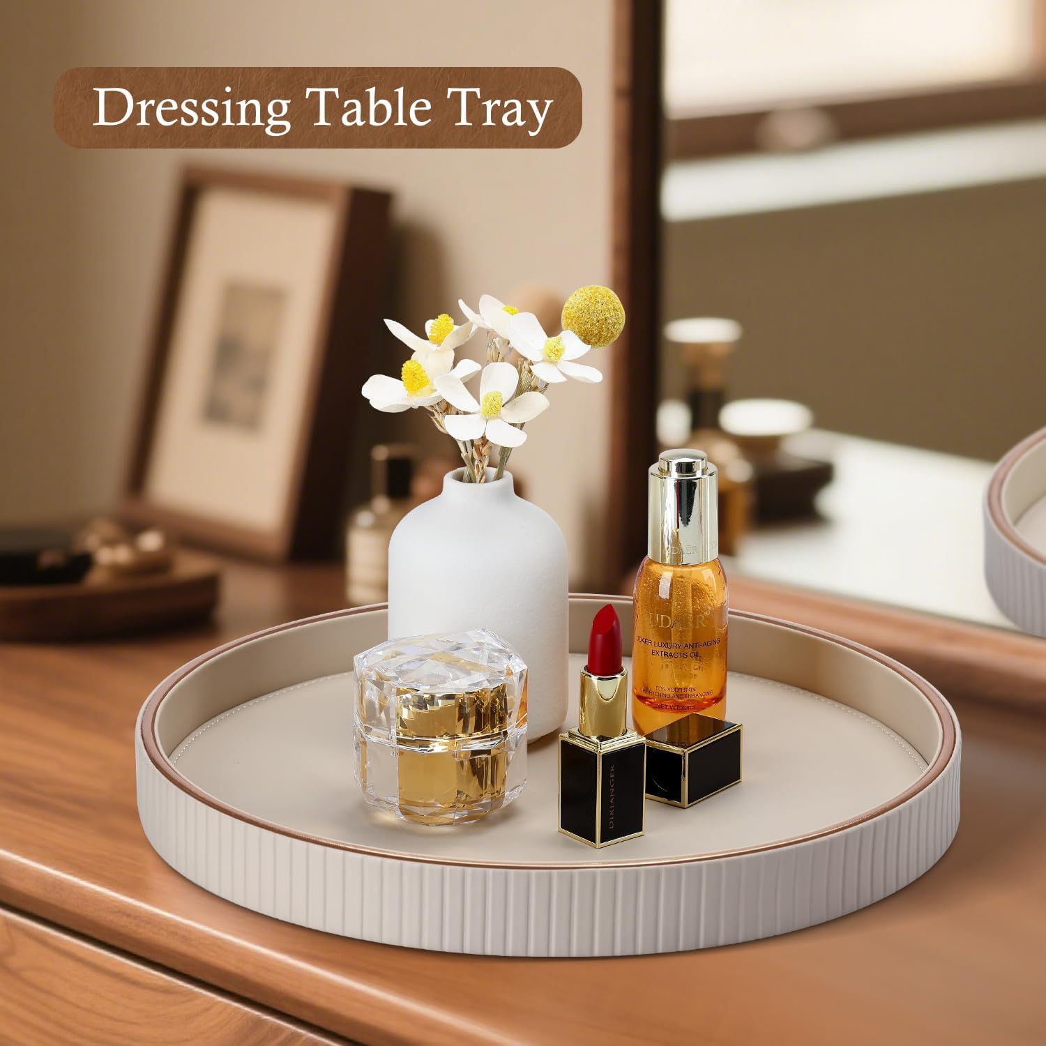 GORESE 12" Round Decorative Tray for Coffee Table, PU Leather Compact Serving Tray for Home Decor & Everyday Accents, Modern Nightstand Tray for Jewelry & Perfume, Beige