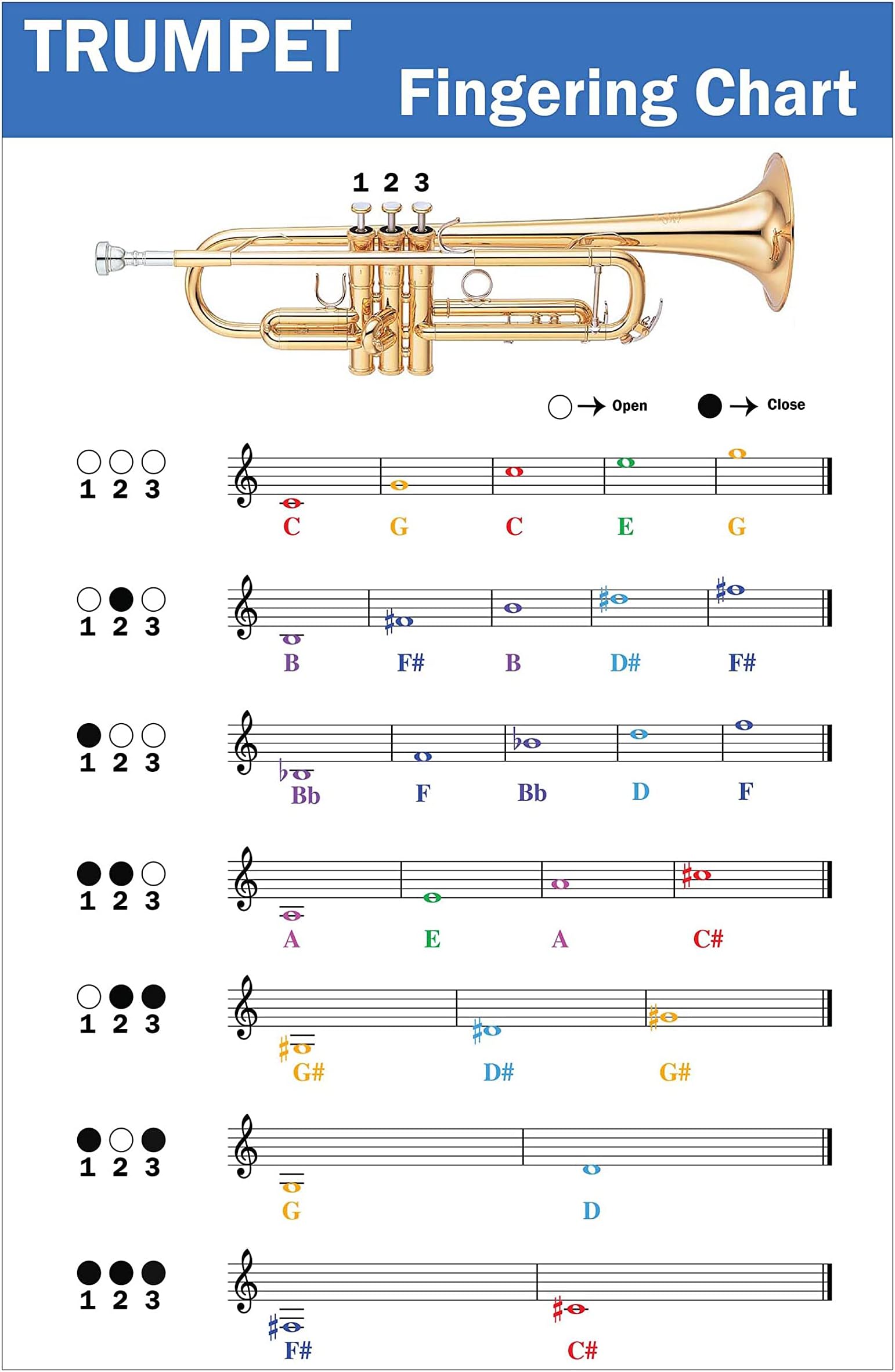 Trumpet  Fingering Chart with Color-Coded Notes, Learn  Trumpet Technique