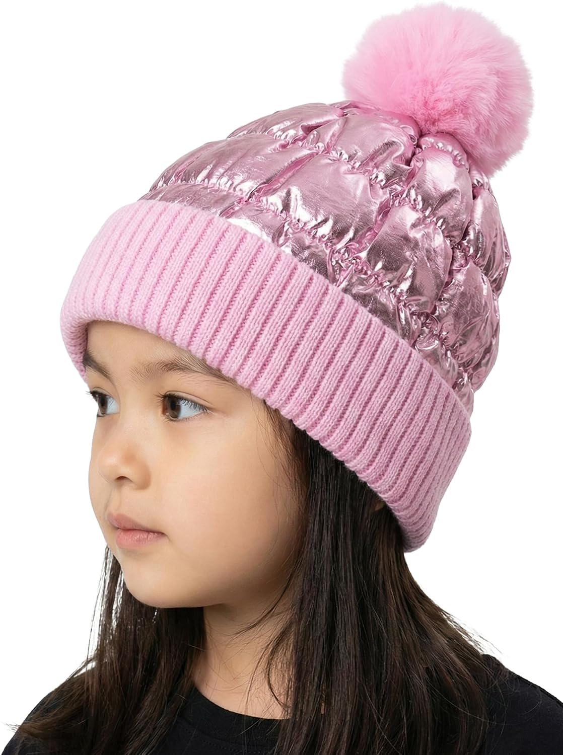 Funky Junque Shiny Puffer Knit Toddler Winter Hat Beanie with Faux Fur Pom-Pom, Fleece Lined, Ages 2-5