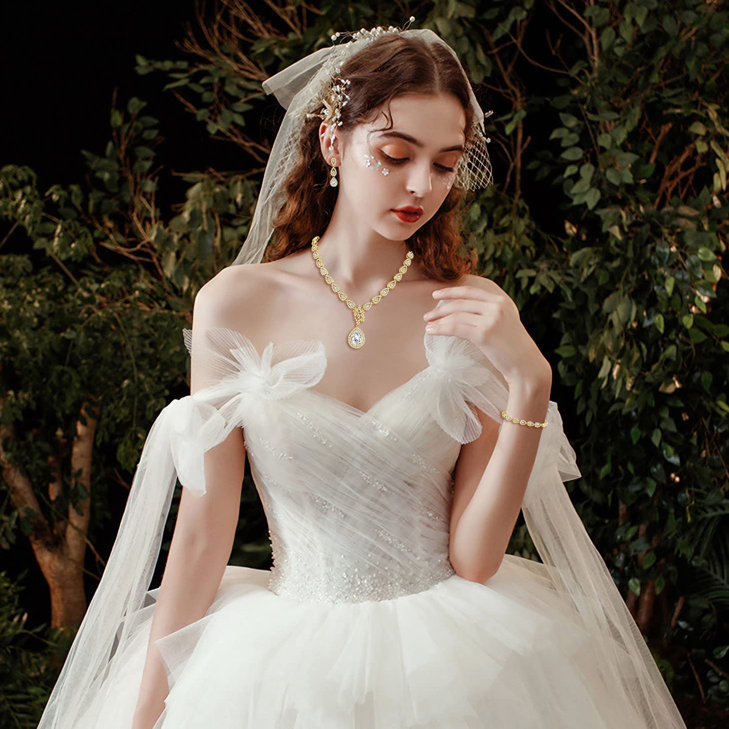 Juego de joyas de boda para mujer, pulsera, collar y pendientes de lágrima de plata con circonita cúbica, juego de joyas chapado en circonita cúbica para novia para boda con caja de regalo