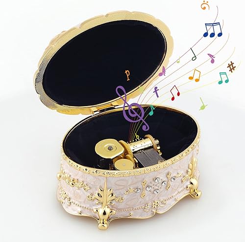 ROSIKING Caja de música ovalada de aleación de metal con relieve, joyería antigua, cajas musicales de Navidad, cumpleaños, regalos de San Valentín,