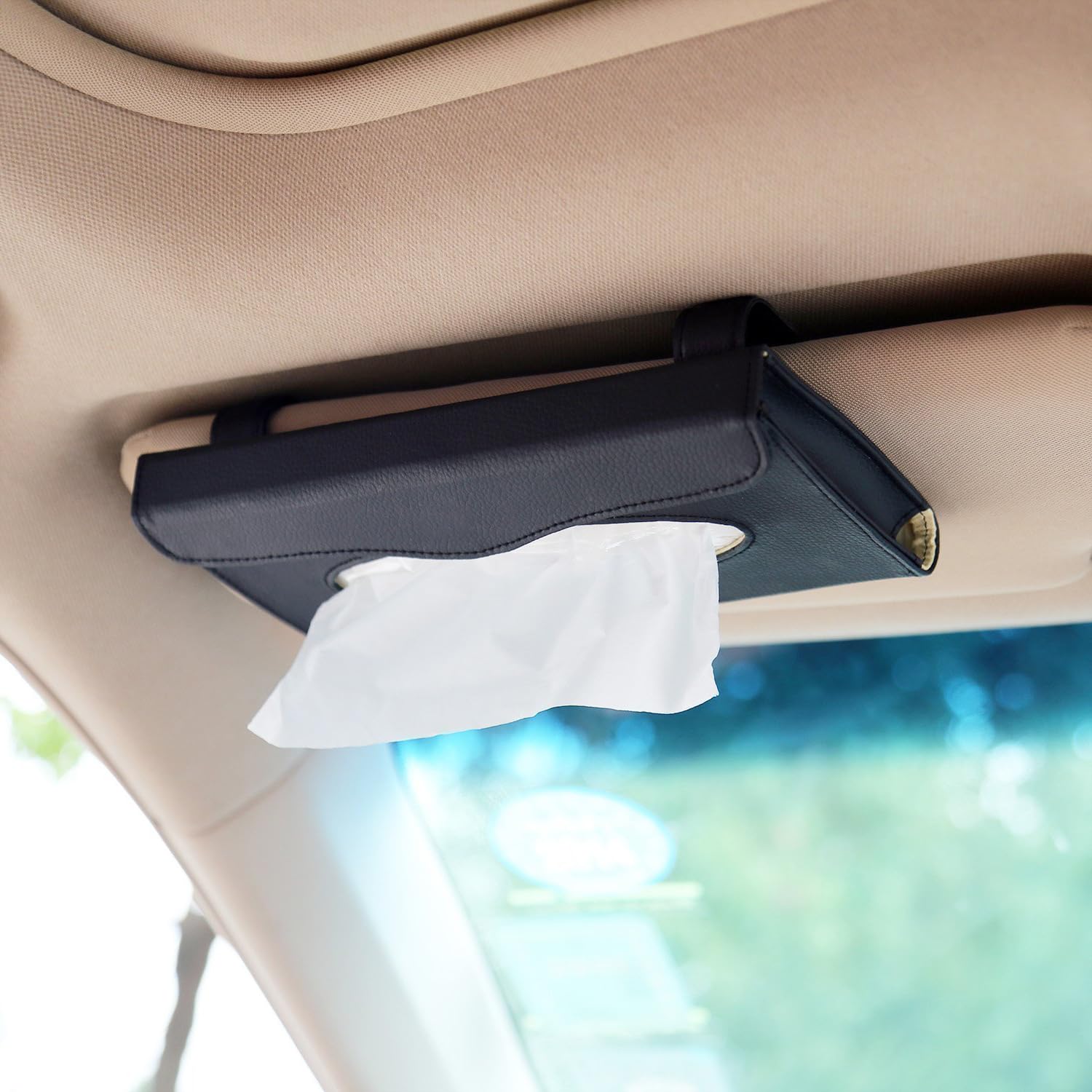 Porte-mouchoirs pour visière de voiture et distributeur de masques noir en cuir
