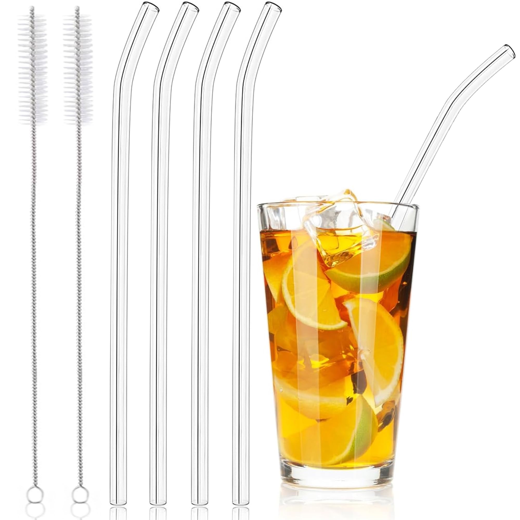Reuseble Transparent Glass Straws with Cleaning Brush, Clear Reusable Elegant Alternate to Stainless Steel for Drinking Juice, Smoothie, Milkshakes, Tea, 4 Bend Straws and 2 Cleaner Brushes-image-43