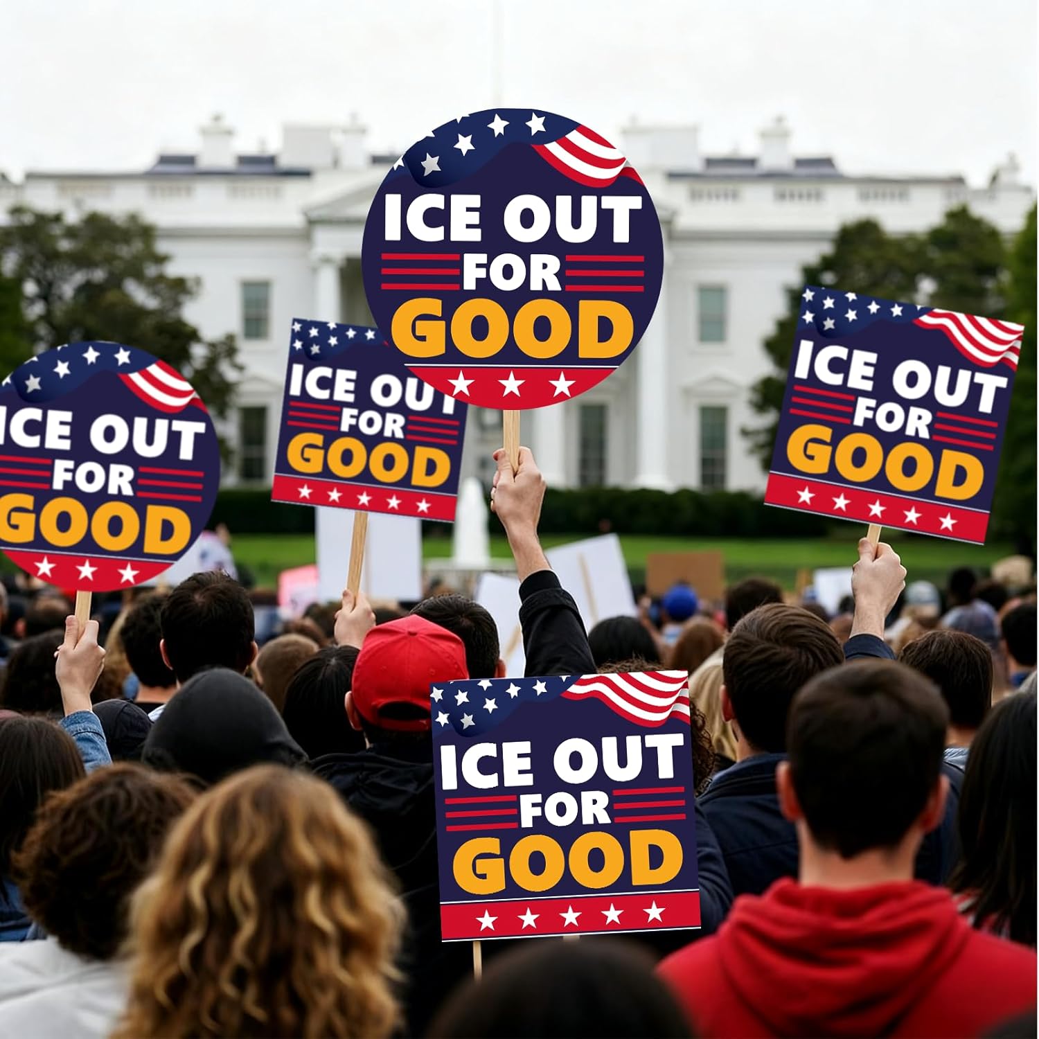 ICE OUT FOR GOOD Protest Sign 24 Inch Round, Handheld Sign with Stick, Waterproof Rally Poster for March, Demonstration, Public Gathering Corrugated Plastic