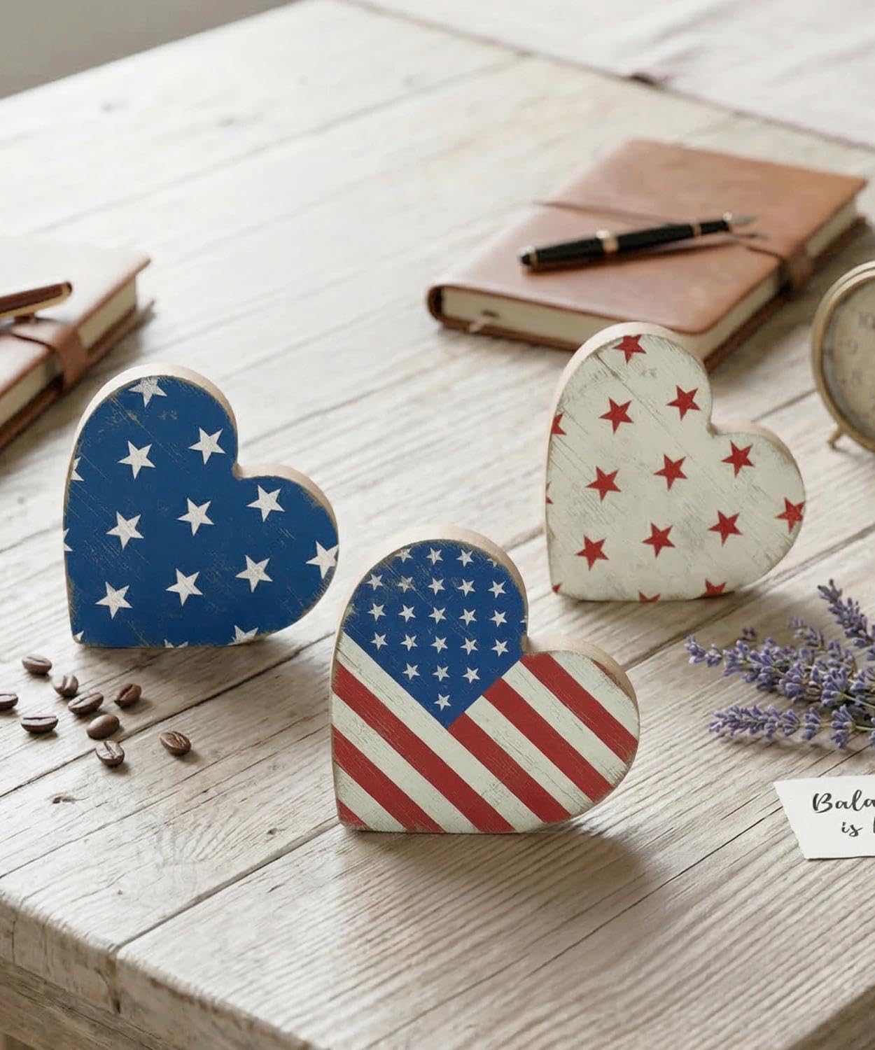 Putuo Decor Patriotic Heart Tabletop Decor Set, Rustic Red White Blue Americana Shelf Sitters, Stars Stripes Wood Hearts for Fourth of July Centerpiece Mantel Tiered Tray Kitchen Counter Entryway