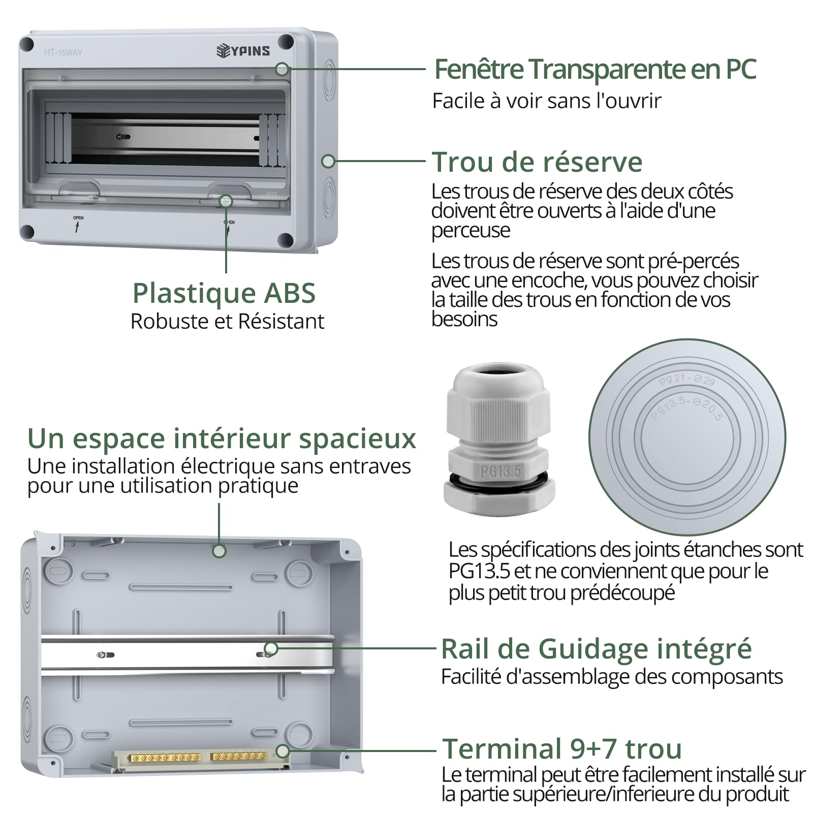 EYPINS Boîte de Distribution en Saillie Petit Répartiteur 1 Rangée 15 Modules IP65 Pour Pièces Humides Montage en Saillie Avec Pinces en Laiton Pour Jardin ou Extérieur
