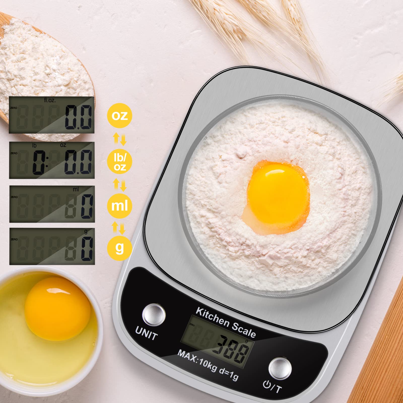 Bilancia Da Cucina Digitale Himaly 10 Kg | Acciaio Inox Con Display LCD Retroilluminato | Funzione Tara E Spegnimento Automatico | Unità G/ml/oz | Batterie Incluse