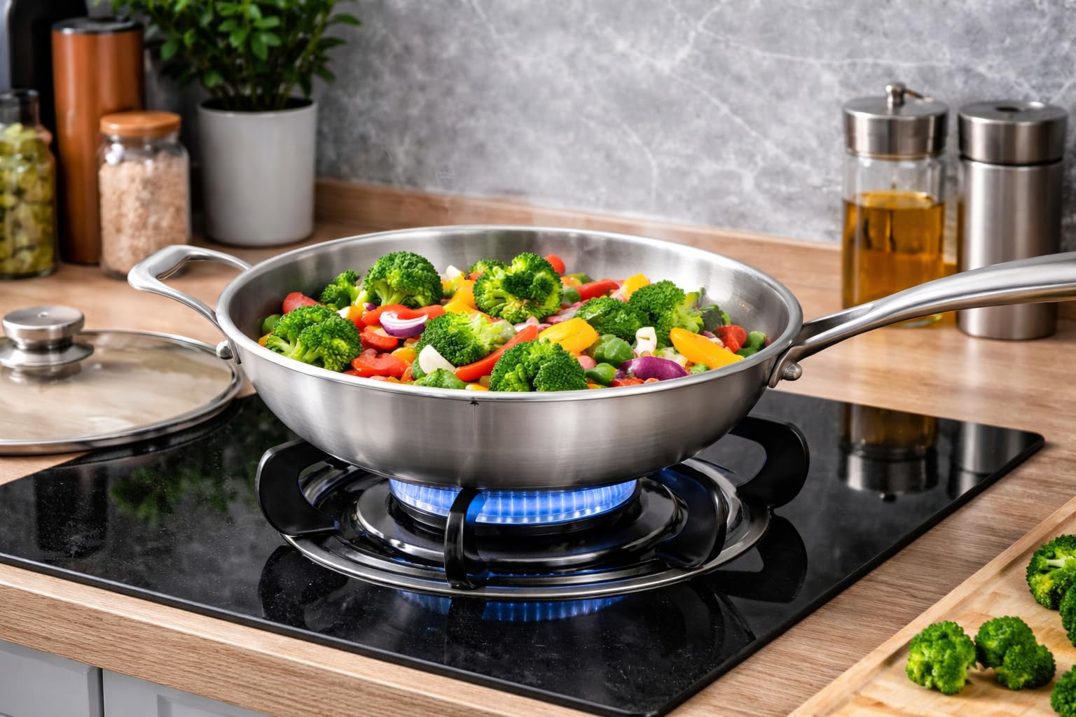 Edelstahl Wokpfanne 32 cm mit Glasdeckel – Ohne Beschichtung – für Induktion & Gas – für alle Herdarten – Wok Pfanne Groß