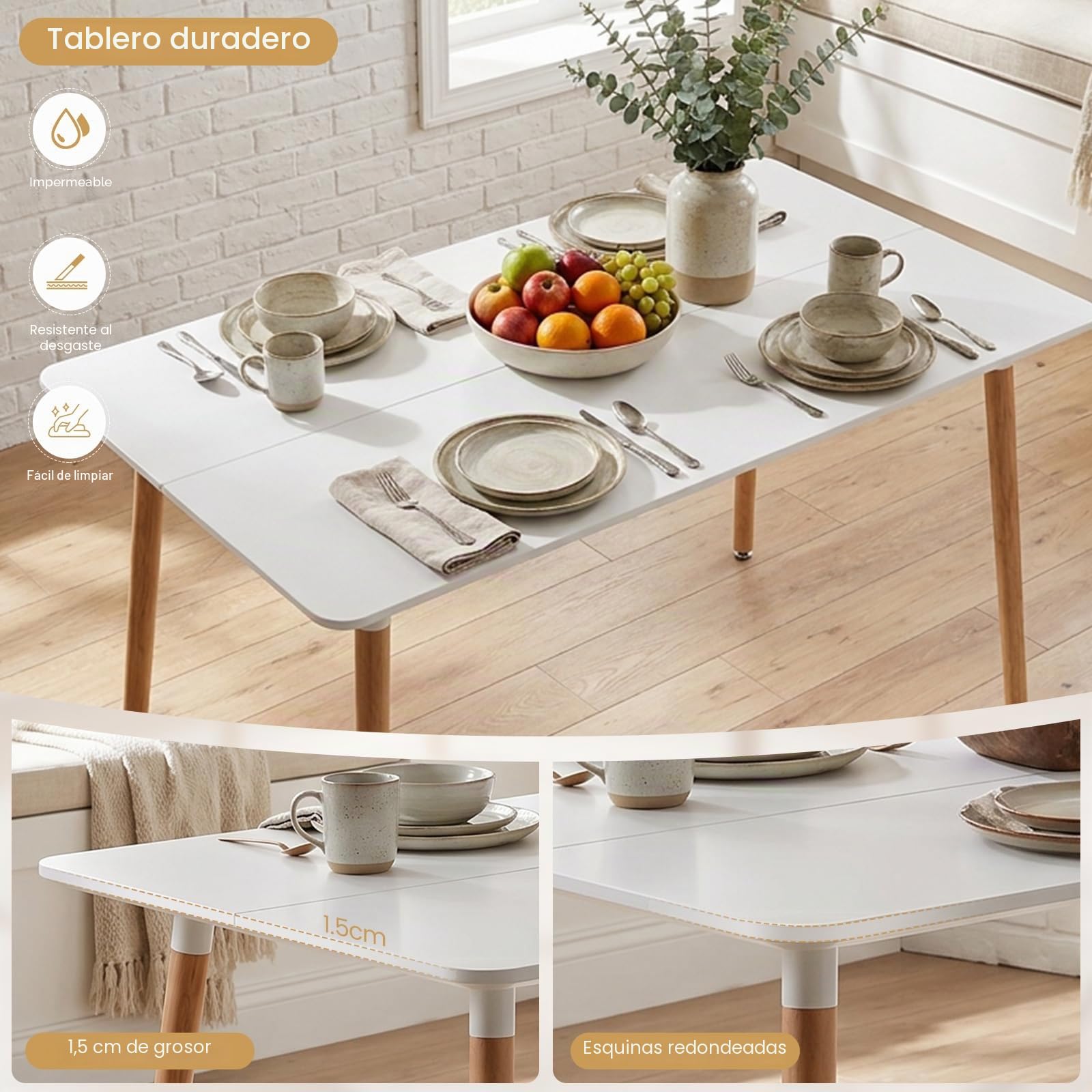 H.J WeDoo Mesa de Comedor Rectangular de Madera de Diseño Escandinavo para 4 a 6 Personas Blanca 110 x 70 x74 cm (Sólo Mesa)
