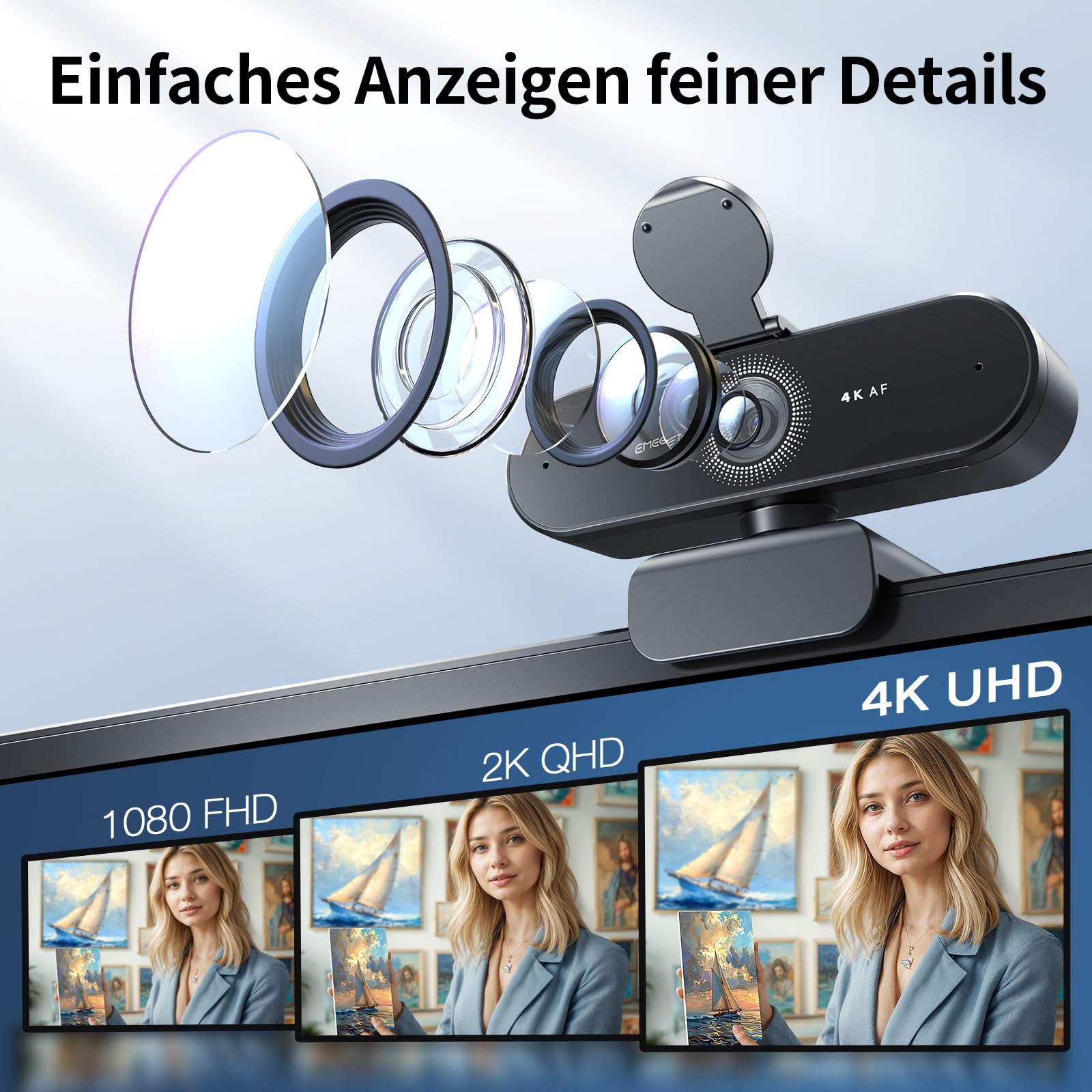 EMEET Webcam NOVA 4K, 4K Webcam mit 2 Mikrofon mit Rauschunterdrückung, Ultra HD Webcam mit 73° Weitwinkel und Objektivabdeckung, PDAF Autofokus, Web Cam für Mac, Laptop, Zoom, Teams
