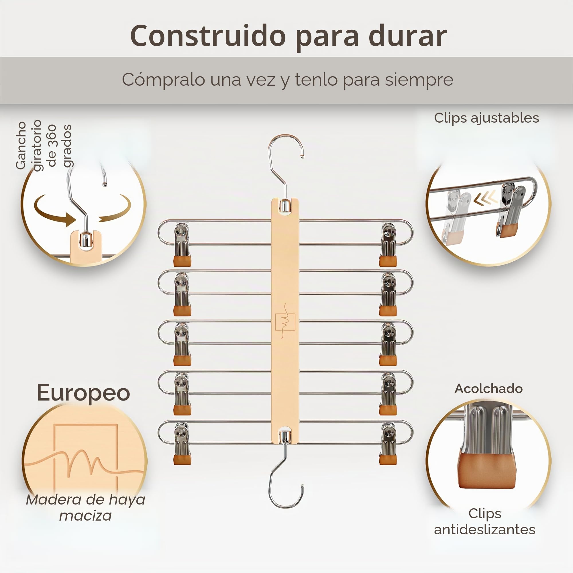 MORALVE Perchas para faldas que ahorran espacio con clips, paquete de 2, colgador europeo de 5 niveles de madera de haya para pantalones cortos, faldas y pantalones, organizador de armario y solución