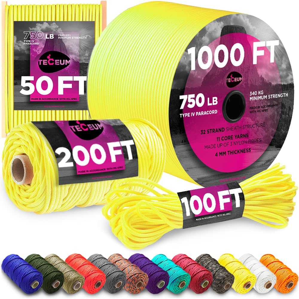 TECEUM Paracord Type IV 750 lb Yellow – 30 m – 4mm – 100% Nylon Strong Tactical MIL–SPEC Parachute Cord – Survival Rope Emergency 11 Strands Core Camping Hiking Military Gear(100ft) 019a