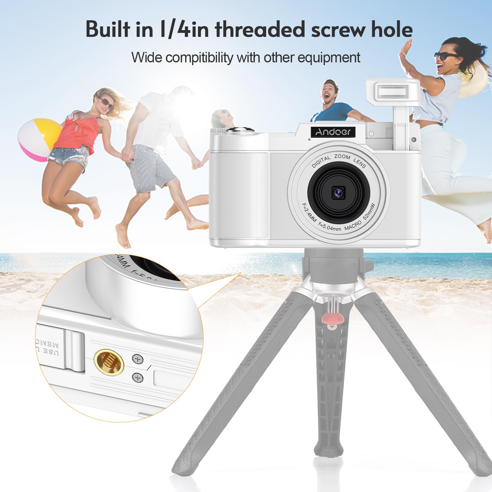 Andoer Cámara Digital Compacta, 48MP 4K Cámara Fotos con Pantalla giratoria TFT de 3,0 Pulgadas, cámara de Fotos con Zoom Digital de 16, Tarjeta 32GB para Niños, Principiantes, Adulto