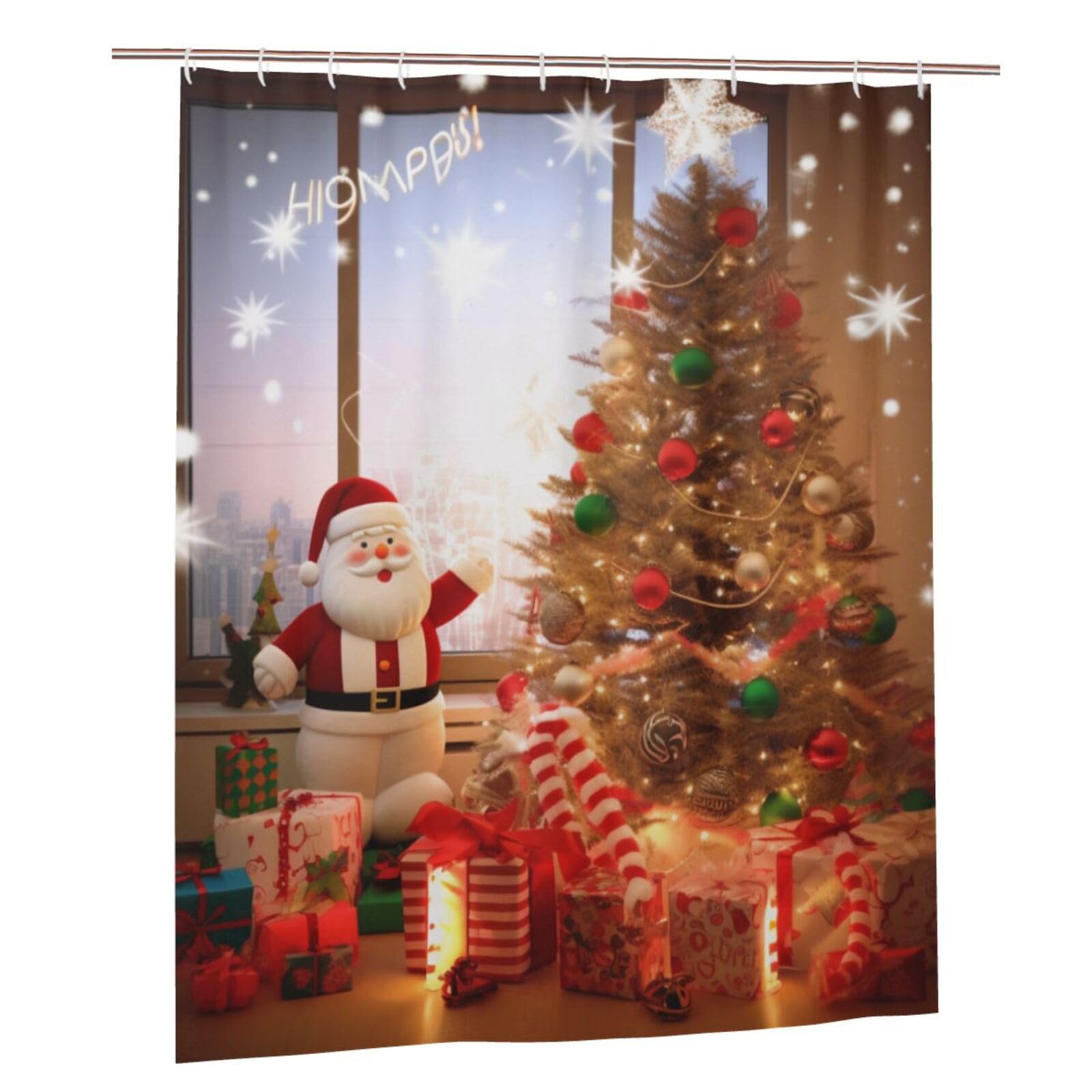 BWWHCCTI Happy Christmas Printed Shower Curtain With 12 Plastic Hooks Opaque Quick Drying Waterproof Shower Curtains Sets For Bathroom 152x183 Cm