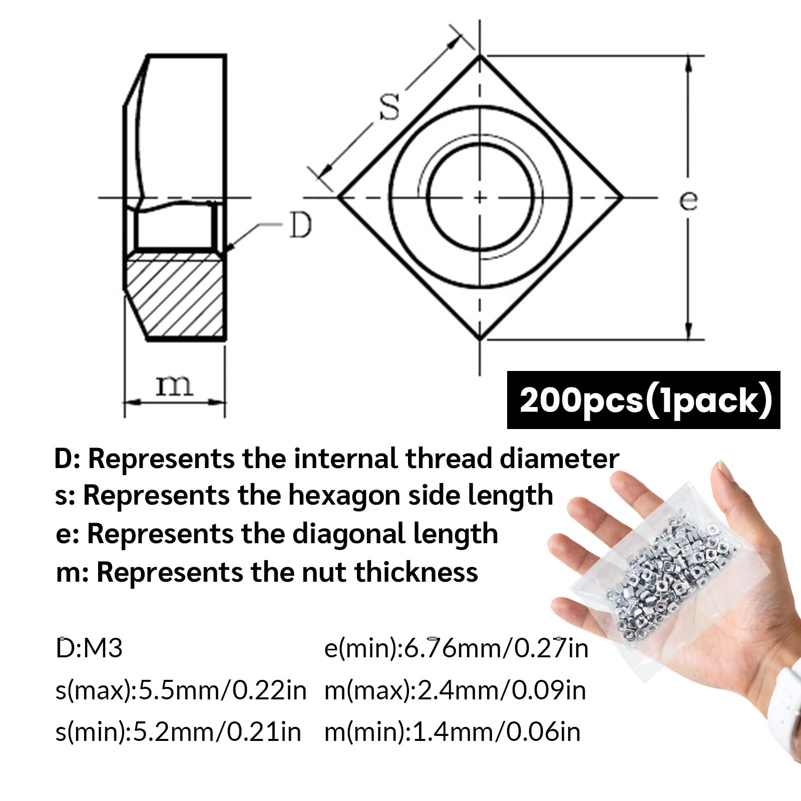 200 Pz Dadi Quadrati M3 da 3 mm in Acciaio Inox, Dadi Filettati Anticorrosione per Macchine, Strumenti di Fissaggio e Applicazioni Industriali