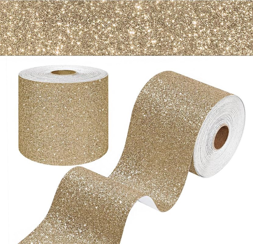 ONE2ONE ENTERPRISES Champagne Golden Glitter Wallpaper Border Peel and Stick Glitter Contact Paper Self Adhesive Removable Sparkle Wallpaper Sticker for Cabinets DIY Crafts Mirror Border 4x144 Inch
