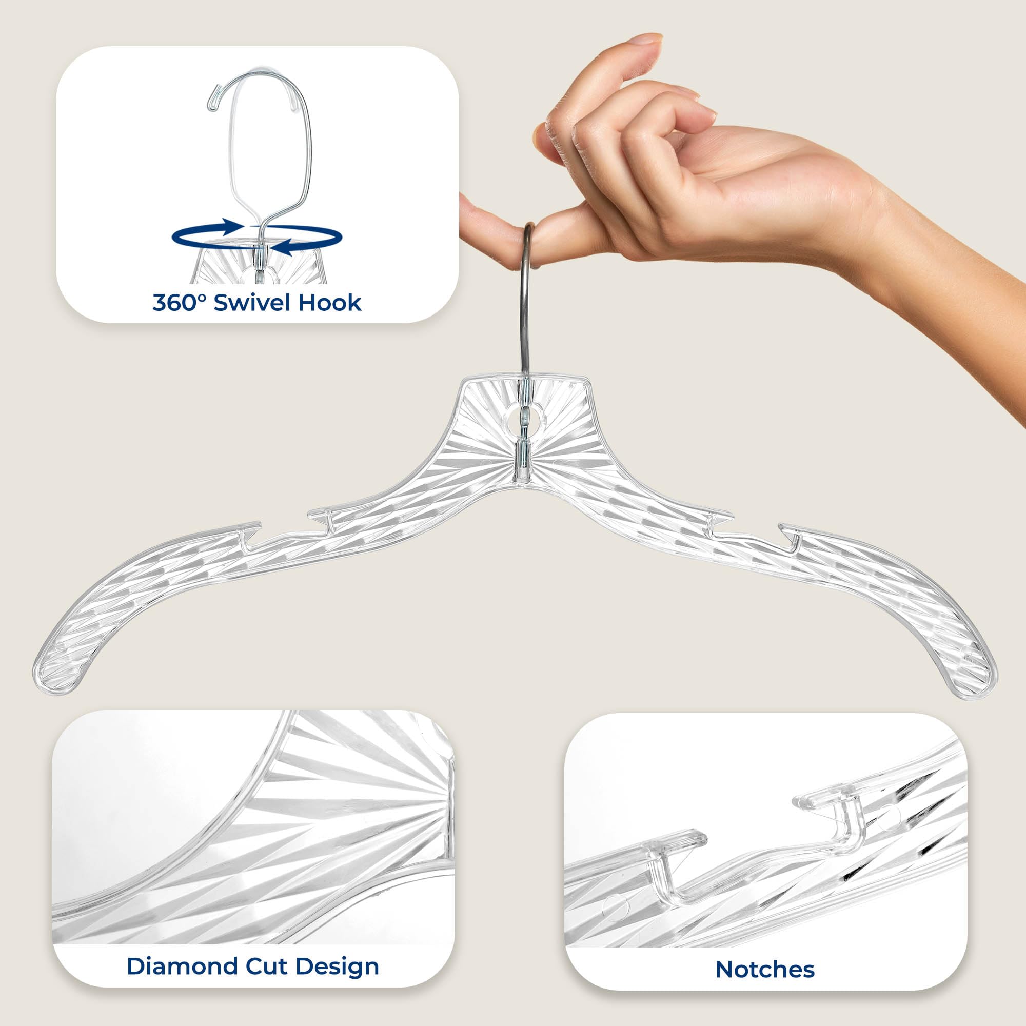 SereneLife Lot de 24 cintres en Plastique Transparent – Cintres légers et antidérapants avec épaules crantées et Crochet pivotant pour vêtements, Chemises, Costumes, Robes, Vestes, Design Ultra Fin