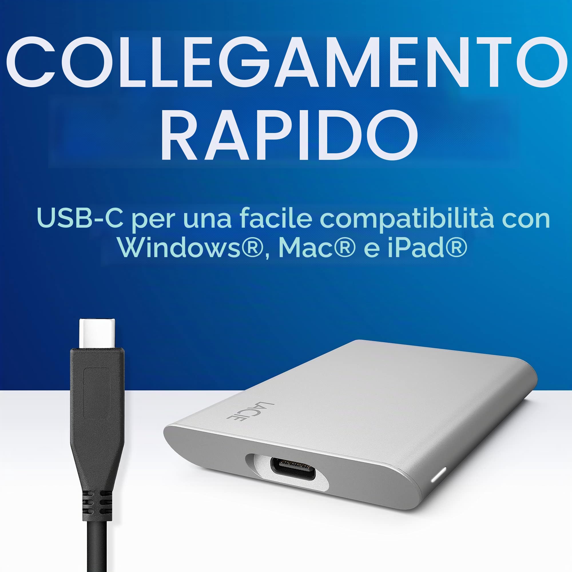LaCie Portable SSD, 500GB, SSD esterno, USB-C, PC Mac & iPad, USB 3.2 Gen 2, 1.050 MB/s, Data Rescue Service (STKS500400)
