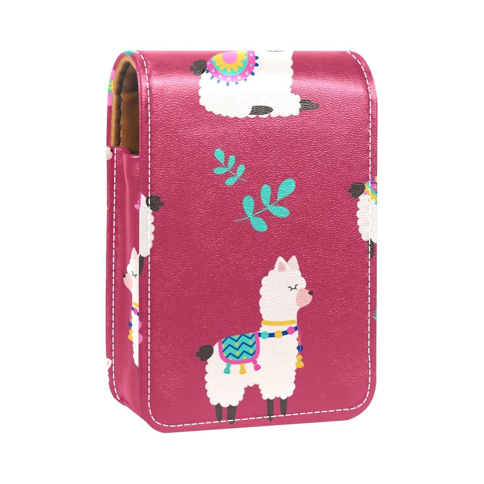 Rose Pink Alpaca Cactus Cute Cartoon Llama Lip Gloss Holder Lipstick Case Portable Makeup Bag Travel Lipstick Organizer Case with Mirror Mini Lipstick Storage Box for Women