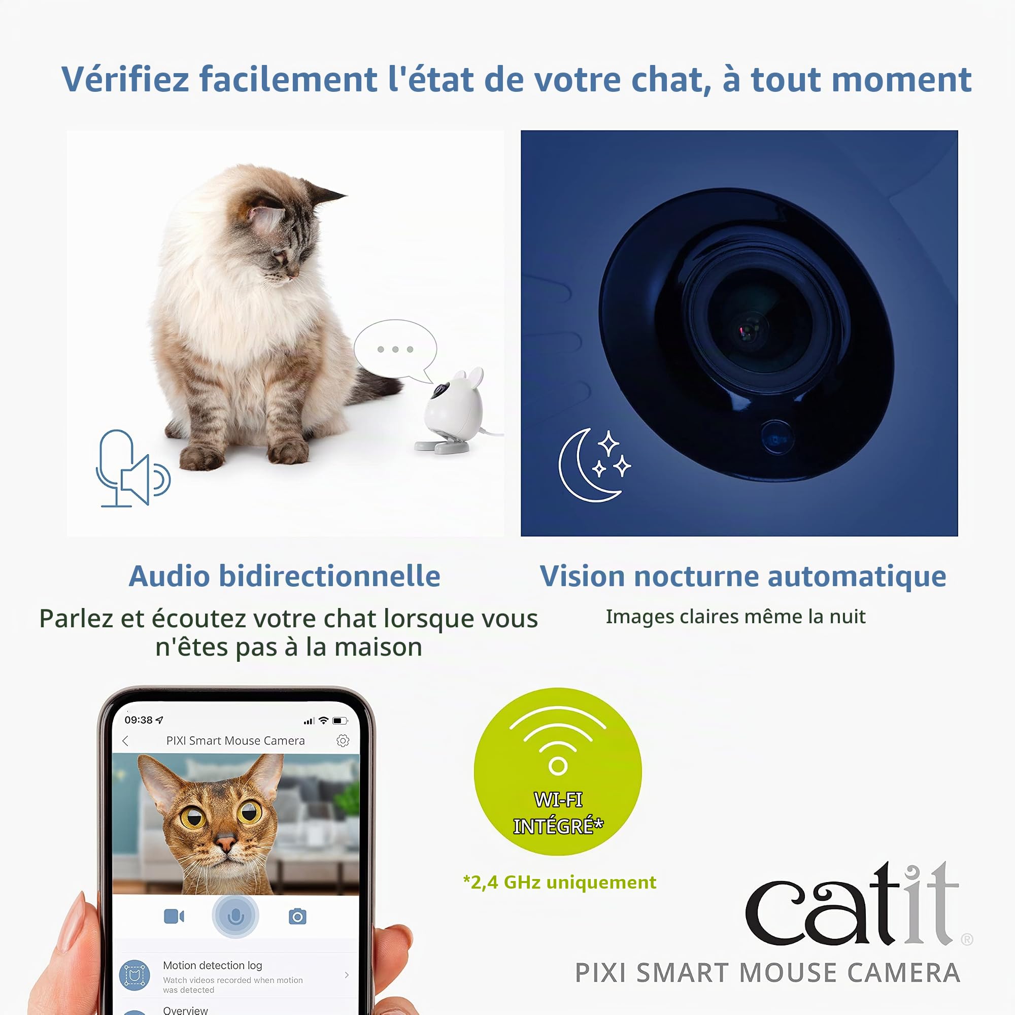 Catit PIXI Caméra Intelligente pour Animaux de Compagnie – Caméra 360° contrôlée par Application pour Chats avec Vision Nocturne, Audio bidirectionnel et détection de Mouvement – Enregistrez et