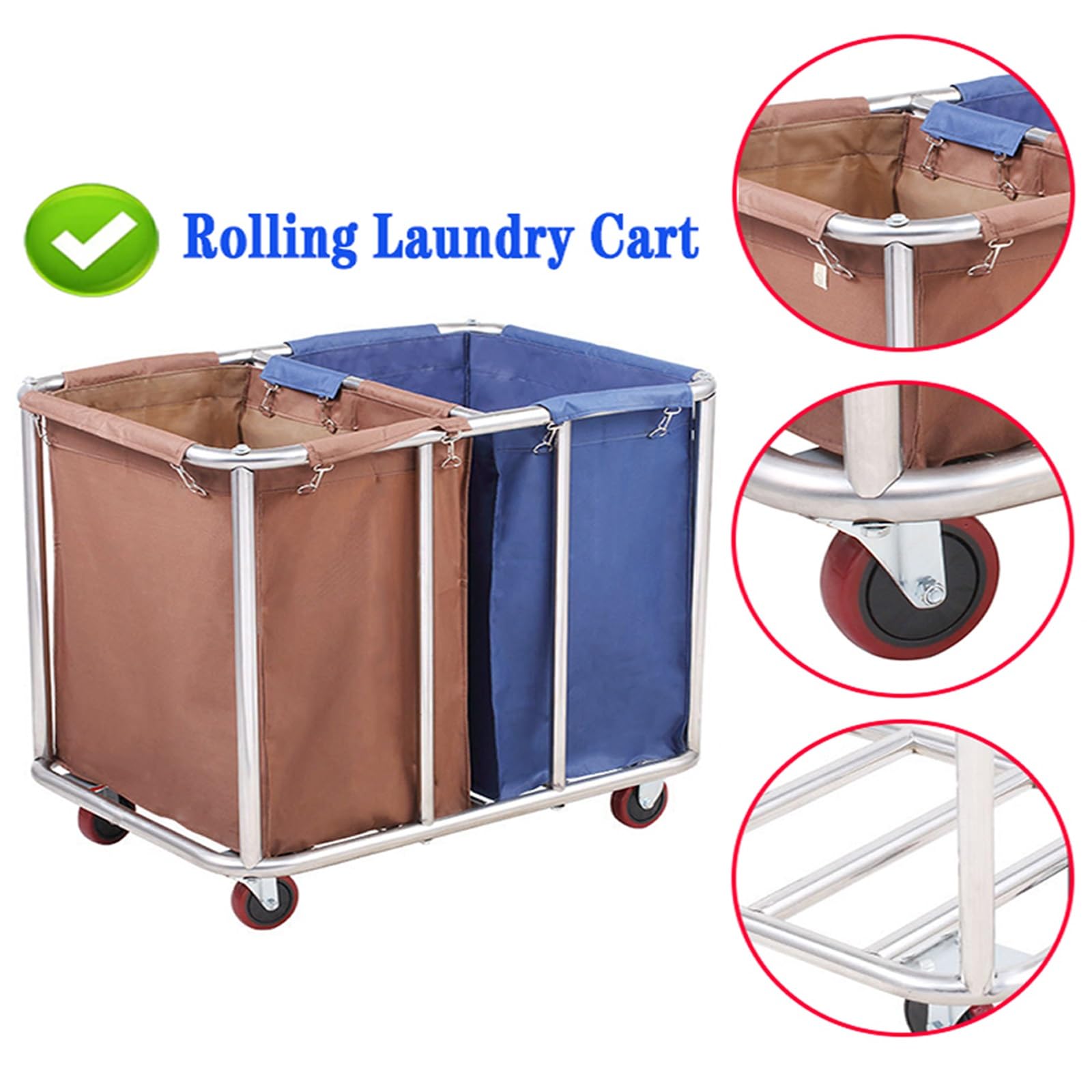 Carrito de Lavandería Comercial con Ruedas, Capacidad de 400 L, Clasificador de Ropa para 2 Bolsas, Estructura de Acero Inoxidable, Tela Oxford Impermeable