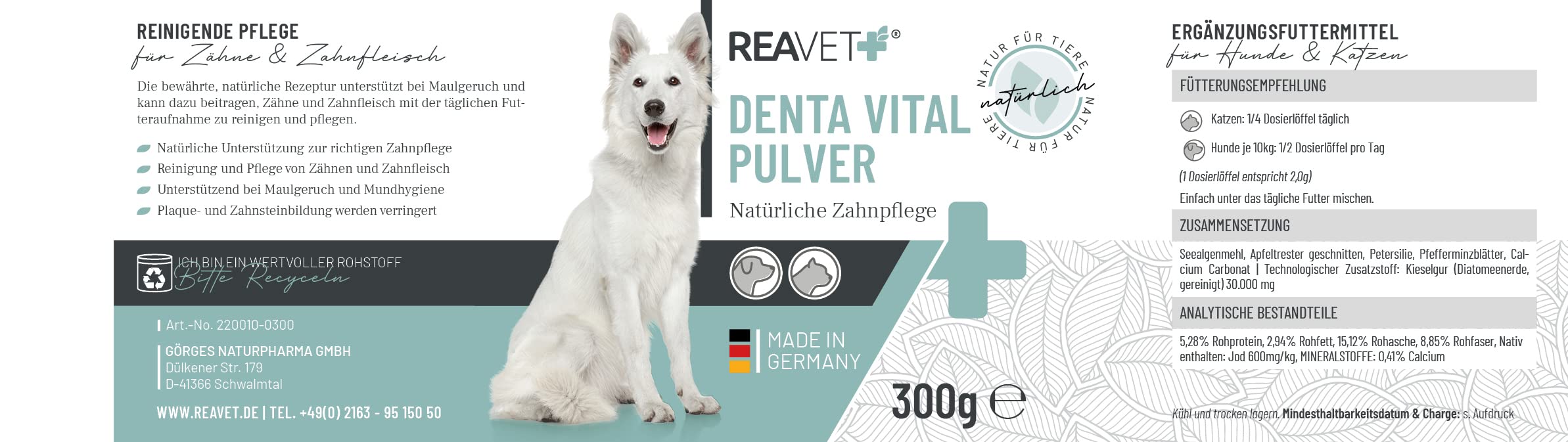 ReaVET Denta Vital Zahnpflege Pulver Hund & Katzen 300g - Zahnsteinentferner, Mittel gegen Zahnstein Hund Katze I Gegen Mundgeruch bei Hunden, Zahnpflege Katzen