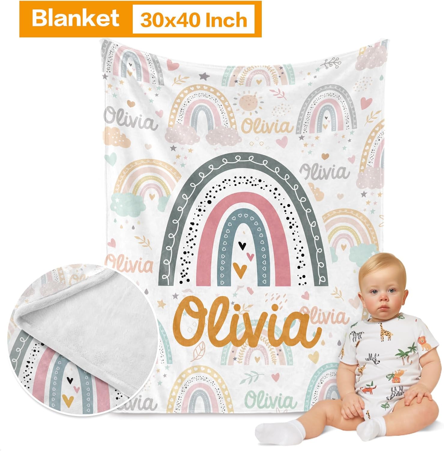 Personalized Boy Crib Bedding Set for Infant Baby: Custom Name Nursery Decor Boho Rainbow Baby Blanket Fitted Crib Sheet Changing Pad Cover 3 Pcs(Fixed Size)