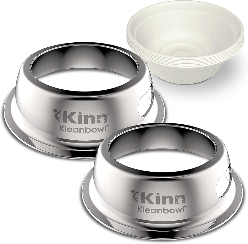 Tigela descartável para cães em fibra de cana-de-açúcar Kinn Kleanbowl com estrutura de aço inoxidável, 240 mL, Pacote com 2