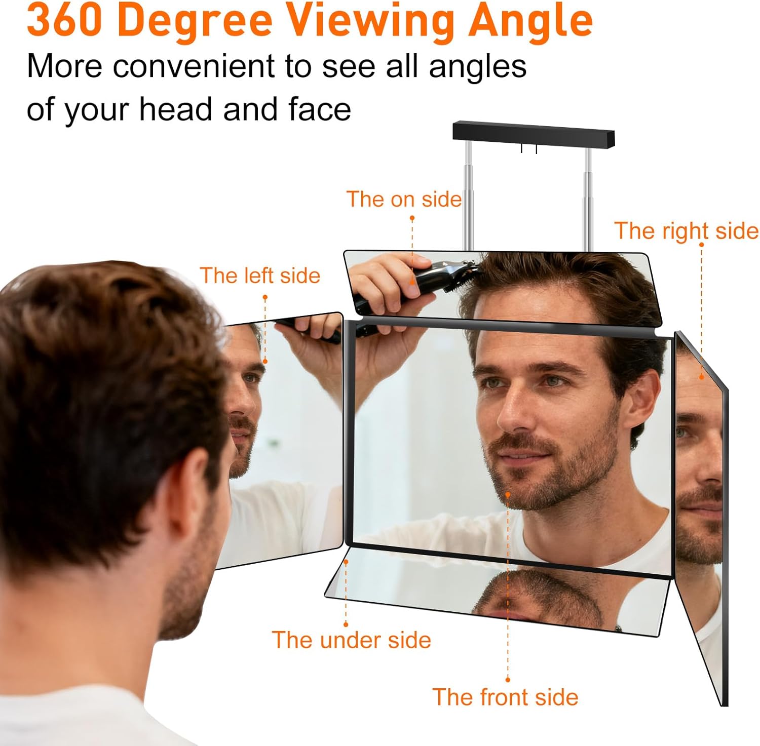 5 Way Mirror for Self Hair Cutting, 360 Haircuts Mirror Men for Barber Use Tools, to See Back of Head, Tri Fold with Portable Height Adjustable Telescoping Hooks