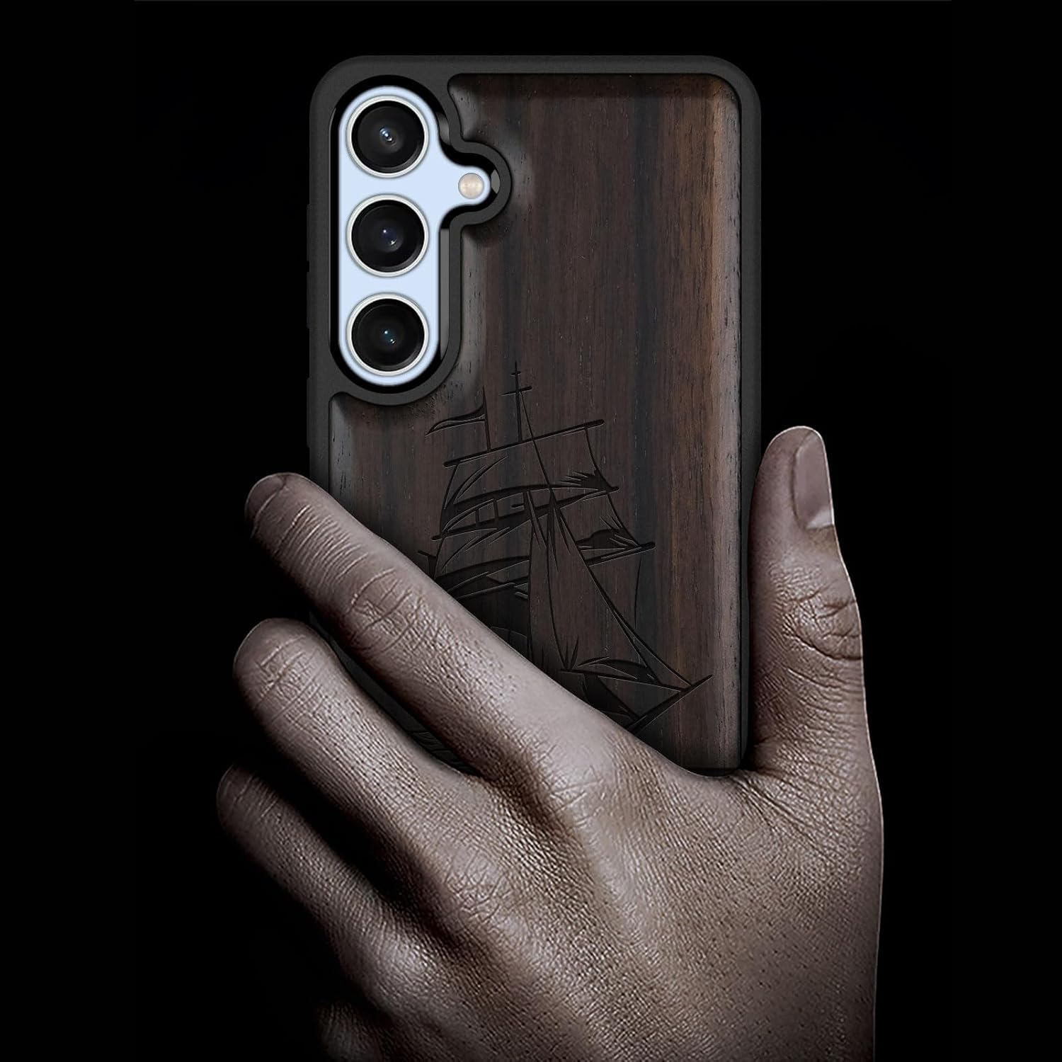 Carveit Wood Case for Galaxy S24 FE Case [Natural Wood & Black Soft TPU] Shockproof Protective Cover Unique Wooden Design Compatible with S24 FE (Sailing Spirit-Blackwood)