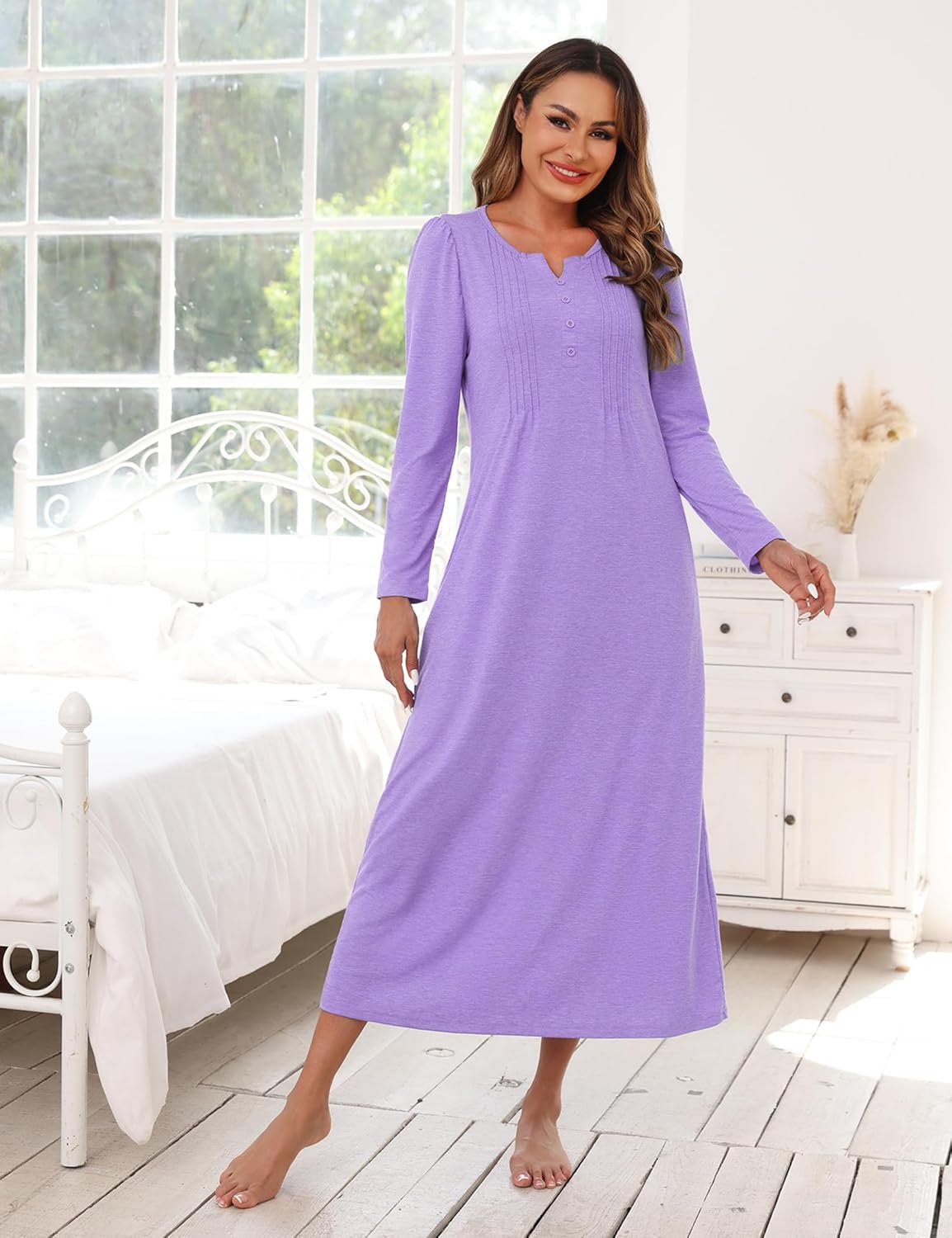 Marvmys Womens Cotton Long Sleeve Nightgowns Soft Ladies Sleep Shirts V Neck Full Length Night Shirts Sleepwear with Pockets - Image 2