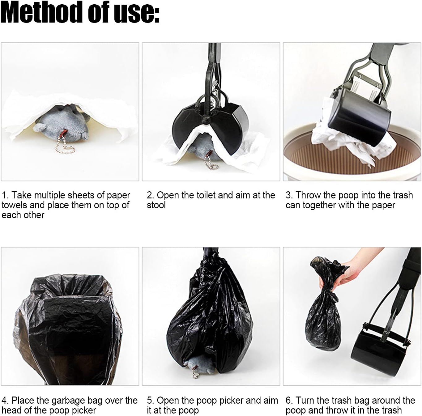 HURRISE Long Handle Pet Poop Scooper, 60cm Foldable Dog Waste Scoop with Bag, Black