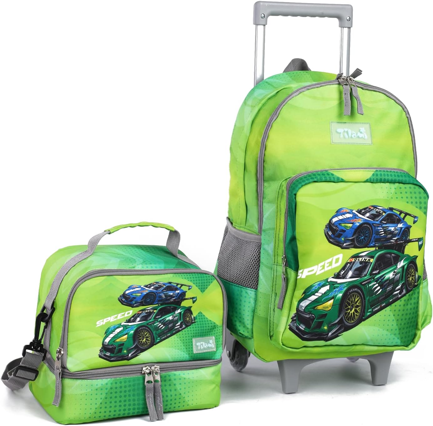 TilamiRolling Backpack 18 inch Double Handle with Lunch Bag Wheeled Kids Backpack, Car Green