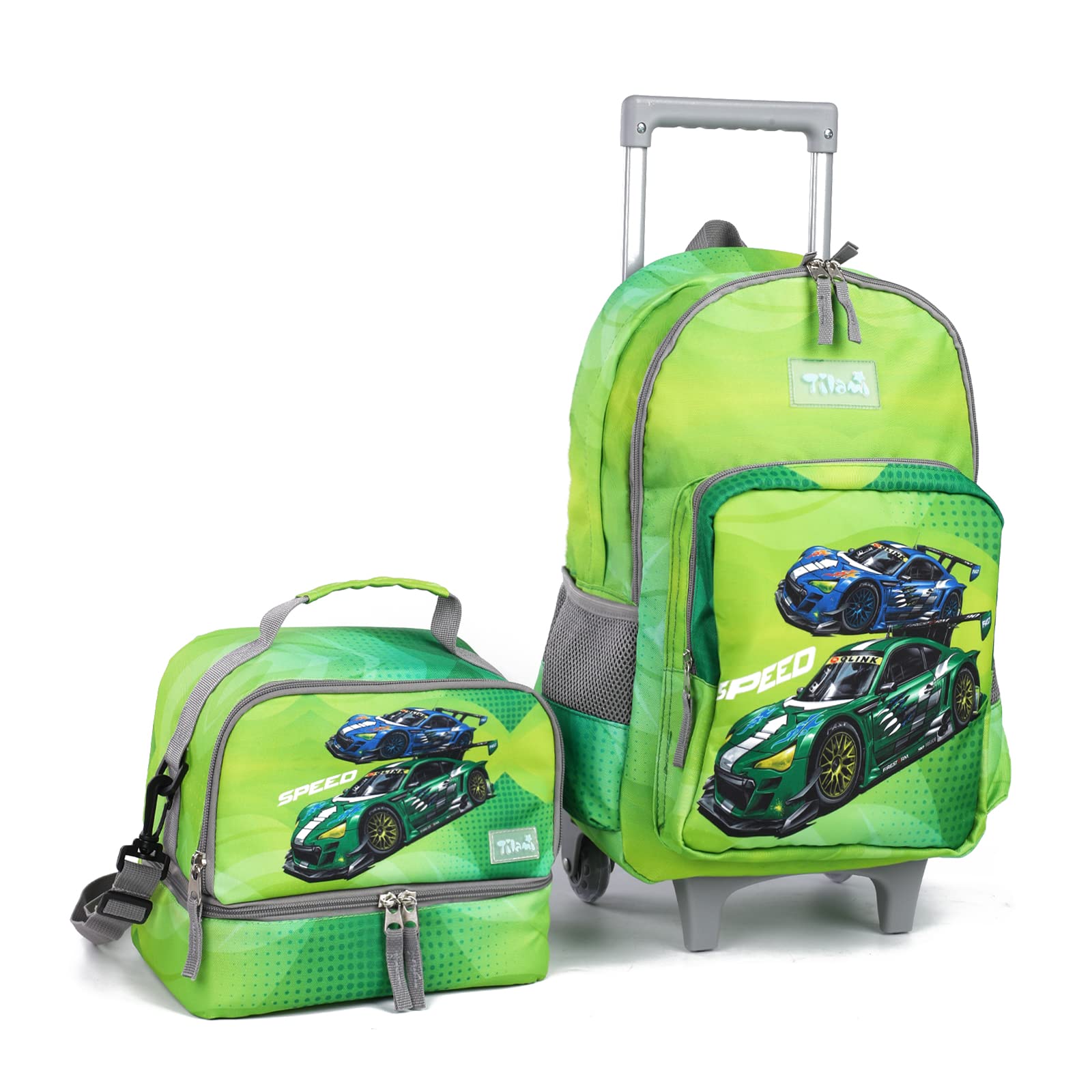 TilamiRolling Backpack 18 inch Double Handle with Lunch Bag Wheeled Kids Backpack, Car Green