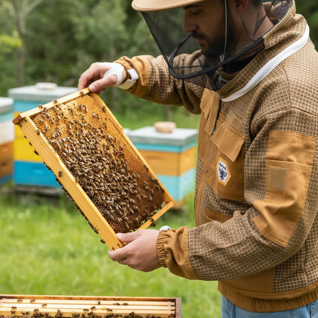 Beekeeping Jacket with Veil 3-Layer Ultra Ventilated 2 Veil Options (Fencing & Round) YKK Zippers Full Protection Suit Carrying Bag (BP-302-Brown)-L