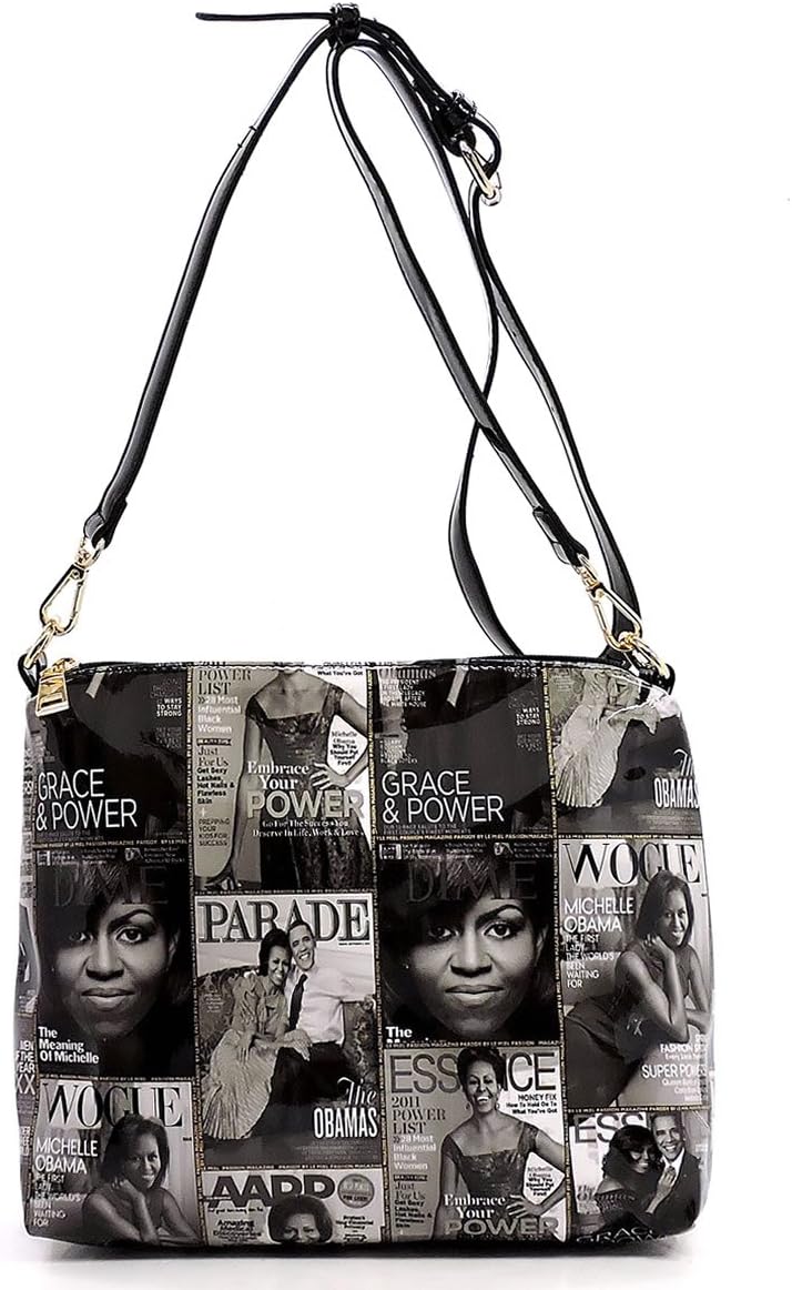Magazine Cover Collage Michelle Obama Printed Square Hobo bag + Crossbody purse + Wallet 3pcs Set (Grey)