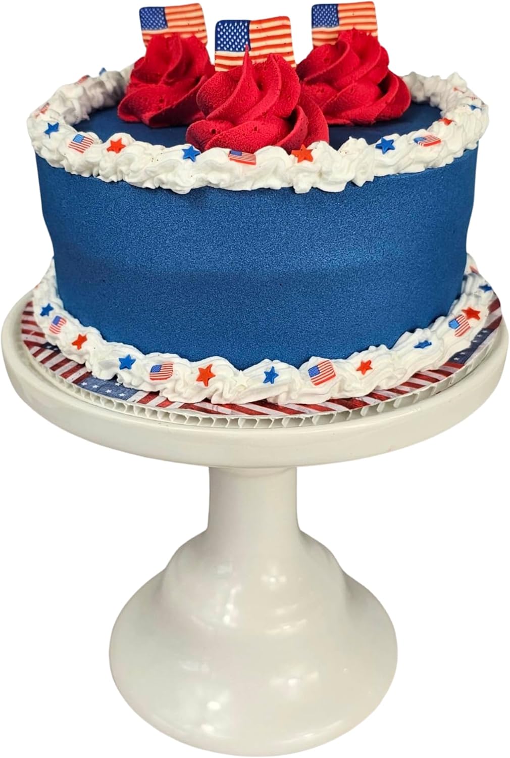 USA Flag Cake, Fake 4th of July Cake, Patriotic Tiered Tray, Fake Patriotic Dessert, Patriotic Faux Cake with Mini Flags and Stars, Handmade Display Decor for 4th of July, Memorial Day, and more