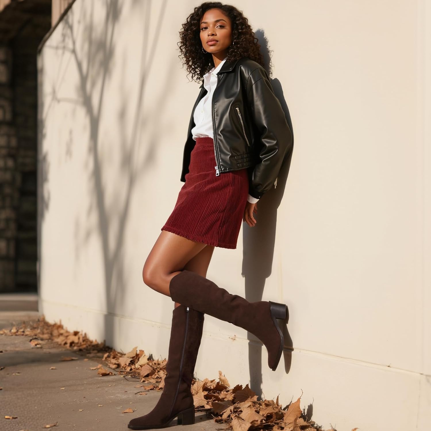 Modatope Brown Suede Knee High Boots for Women Pointed Toe Chunky Block Heel Tall Boots Side Zipper Low Heel Long Boot Size 8.5 - Image 3