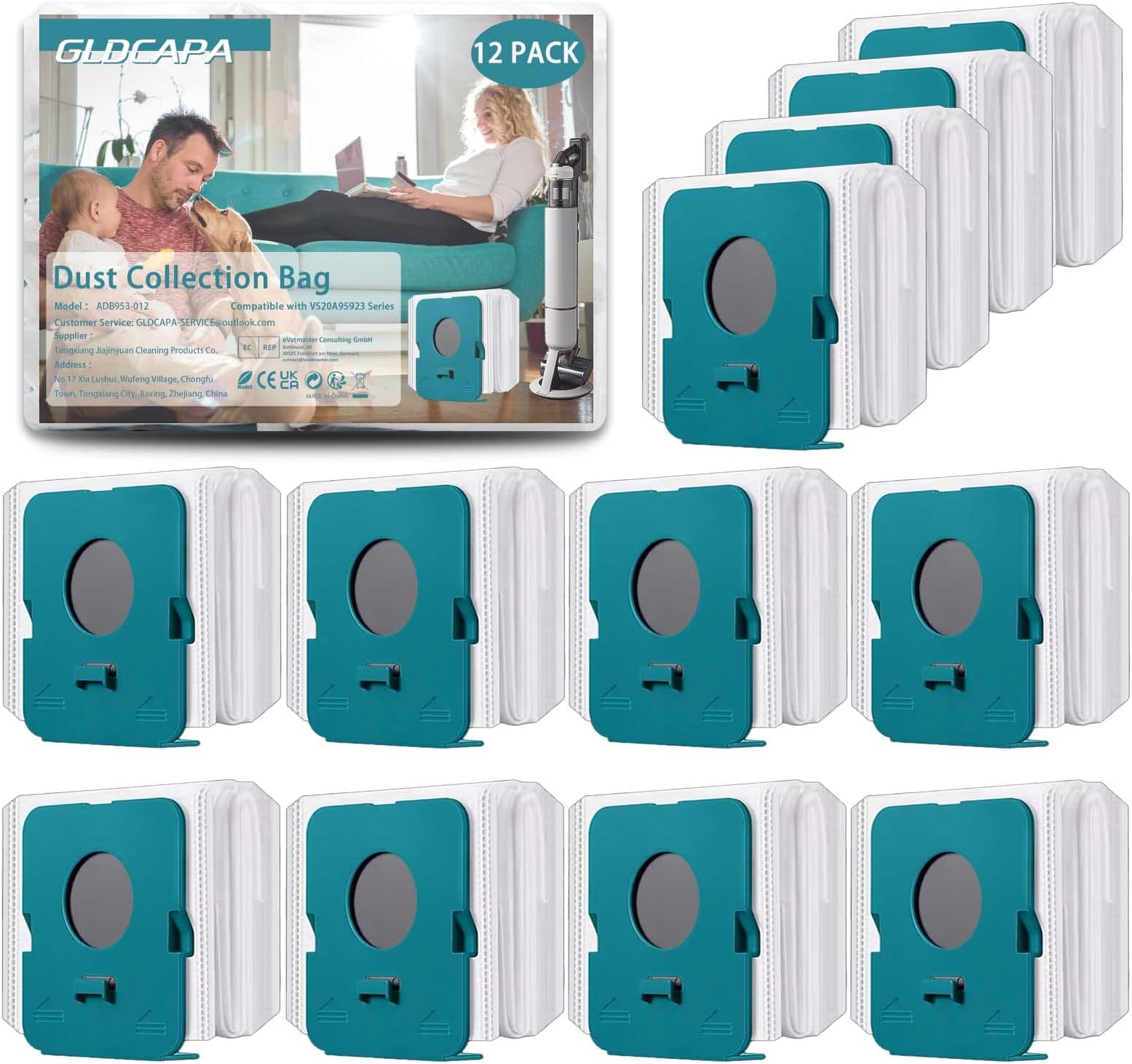 12 Pack VCA-ADB953 Dust Bag for Samsung BESPOKE Jet Cordless Stick Vacuum Cleaner, GLDCAPA 2.5L Large Capacity Automatic Dust Collection Bag for All In One Clean Station