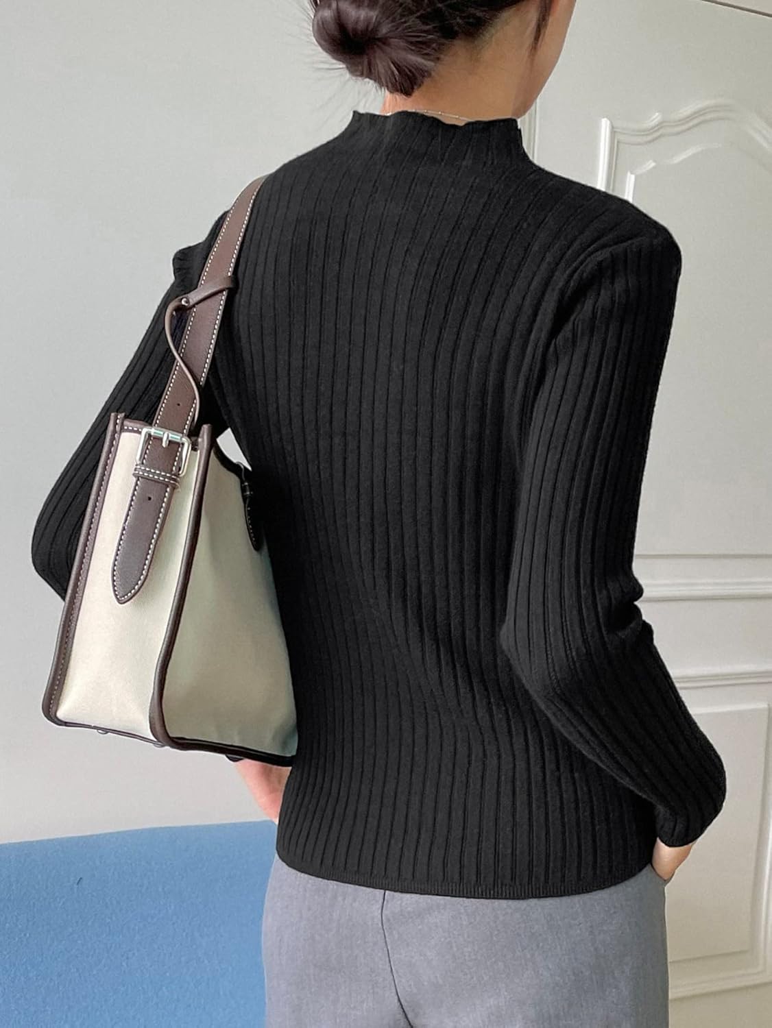 Women's Sweater Solid Mock Neck Sweater Sweater for Women (Color : Black, Size : Medium)