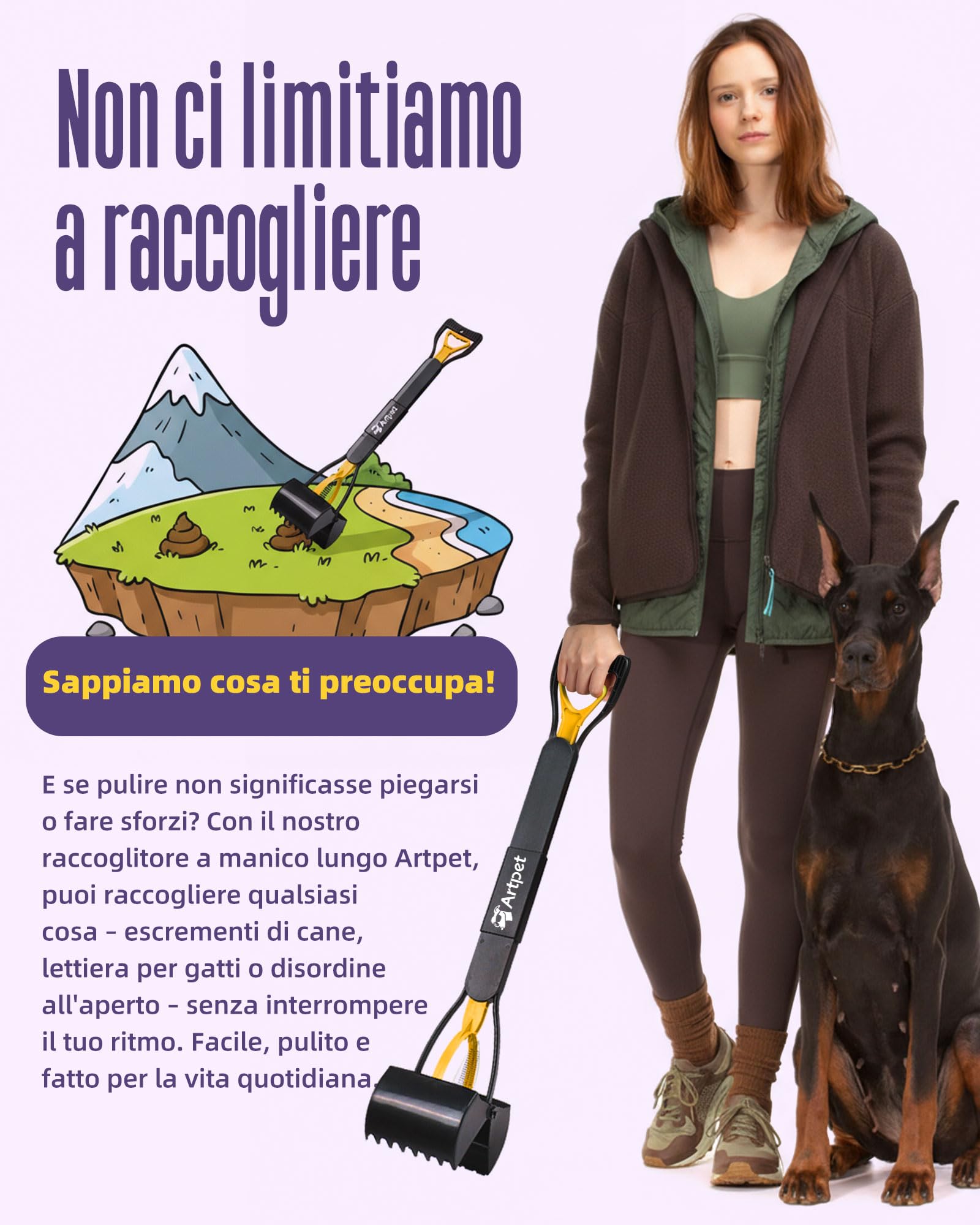 Paletta Raccogli Cacca Cani Manico Lungo 80cm, Pieghevole Raccogli Feci Cane da Giallo